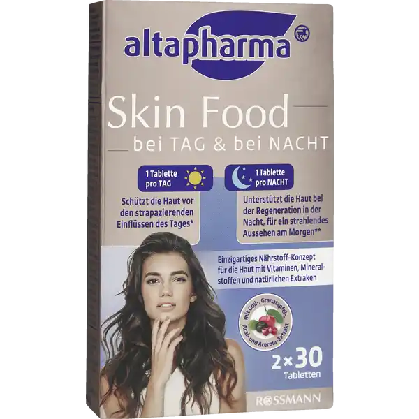 altapharma Skin Food Tag & Nacht: Цвет: https://www.rossmann.de/de/gesundheit-altapharma-skin-food-tag-und-nacht/p/4305615904313
Produktbeschreibung und details Eine gesunde Ernhrung mit einer ausreichenden Versorgung an Vitaminen und Mineralstoffen ist fr eine gesunde und schne Haut besonders wichtig Tagsber ist unsere Haut zahlreichen Belastungen ausgesetzt UVStrahlung und andere Umwelteinflsse knnen die Entstehung von freien Radikalen begnstigen Diese reaktiven Molekle knnen oxidativen Stress auslsen und dadurch die Zellen des Krpers schdigen und zu vorzeitiger Hautalterung fhren schtzt die Haut vor den strapazierenden Einflssen des Tages untersttzt die Haut bei der Regeneration in der Nacht fr ein strahlendes Aussehen am Morgen fr Vegetarier geeignet Mangan Kupfer und Vitamin E tragen zum Schutz der Zellen vor oxidativem Stress bei Vitamin C untersttzt die normale Kollagenbildung fr eine normale Funktion der Haut Vitamin A spielt eine Rolle bei der Zellspezialisierung und trgt zur Erhaltung normaler Haut bei Nachts wenn wir schlafen regeneriert sich die Haut Dieser Zellneubildungsprozess ist entscheidend fr ein gesundes und junges Hautbild Zink Folsure und Vitamin B haben eine Funktion bei der Zellteilung Selen und das Schnheitsvitamin Biotin tragen zur Erhaltung normaler Haut bei Altapharma Skin Food  ein hochwertiges Nahrungsergnzungsmittel hergestellt und kontrolliert nach internationalen Qualittsrichtlinien Kontaktdaten Dirk Rossmann GmbH Isernhgener Strae   Burgwedel wwwrossmannde UrsprungslandHerkunftsort Deutschland Testurteile Qualittssiegel ampamp Verbandszeichen Zutaten weie Tablette Fllstoffe mikrokristalline Cellulose Sorbit Granatapfel Extrakt Gojibeeren Fruchtextrakt LAscorbinsure berzug wei berzugsmittel Hydroxypropylmethylcellulose Stabilisator Isomalt Farbstoff Calciumcarbonat Stabilisator Stearinsure DLaTocopherylacetat Trennmittel Tricalciumphosphat Polyethylenglykol Mangan II sulfat Retinylacetat Kupfergluconat Trennmittel Magnesiumsalze von Speisefettsuren Cholecalciferol Grne Tablette Fllstoffe mikrokristalline Cellulose Sorbit Acerola Extrakt Acai Extrakt berzug grn berzugsmittel Hydroxypropylmethylcellulose Fllstoffe Magnesiumcarbonat Dicalciumphosphat berzugsmittel Hydroxypropylcellulose Fllstoff mikrokristalline Cellulose Stabillisatoren Polyethylenglykol Stearinsure Farbstoff KupferChlorophyline Natriumselenat Zinkcitrat Trennmittel Tricalciumphosphat Polyethylenglycol Magnesiumsalze von Speisefettsuren Cyanocobalamin Riboflavinphosphat Natrium Pteroylmonoglutaminsure DBiotin Nhrwerte Durchschnittliche Nhrwertangaben pro  Portion pro  Portion pro weie Tablette pro grne Tablette NRV NRV Zink  mg   Kupfer  mg   Mangan  mg   Selen  g   Vitamin A  g   Vitamin D  g   Vitamin E  mg   Vitamin C  mg   Vitamin B Riboflavin  mg   Folsure  g   Vitamin B  g   Biotin  g   Anwendung und Gebrauch Verzehrempfehlung Tglich morgens eine weie und abends eine grne Tablette mit ausreichend Flssigkeit zu einer Mahlzeit schlucken Gebrauch Aufbewahrung und Verwendung Aufbewahrungs und Verwendungsbedingungen Trocken vor Wrme und Licht geschtzt aufbewahren Warnhinweise und wichtige Hinweise Warnhinweise Auer Reichweite von kleinen Kindern aufbewahren Vitamin A sollte in der Schwangerschaft nur nach Rcksprache mit dem Arzt eingenommen werden Fr Kinder und Jugendliche nicht geeignet Auf die Einnahme weiterer Zinkhaltiger Nahrungsergnzungsmittel sollte verzichtet werden Kann bei bermigem Verzehr abfhrend wirken Die angegebene empfohlene Tagesdosis darf nicht berschritten werden Nahrungsergnzungsmittel sind kein Ersatz fr eine abwechslungsreiche und ausgewogene Ernhrung und eine gesunde Lebensweise