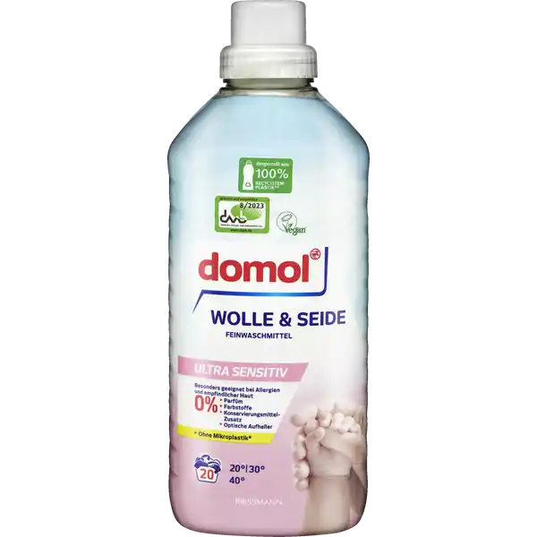 domol Wolle & Seide Feinwaschmittel Ultra Sensitive 20 WL: Цвет: https://www.rossmann.de/de/haushalt-domol-wolle-und-seide-feinwaschmittel-ultra-sensitive-20-wl/p/4068134002280
Produktbeschreibung und details Das domol Feinwaschmittel Wolle ampamp SeideUltra Sensitiv ist geeignet fr empfindlicheTextilien wie zB Wolle Seide Daunen und Kaschmir Es kombiniert eine milde und schonende Reinigung mit reduziertem Allergierisiko Die parfmfreie und besonders hautfreundliche Rezeptur wurde vom Deutschen Allergie und Asthmabund eV getestet und empfohlen Besonders geeignet bei Allergienund empfindlicher Haut ohne Mikroplastik  Parfm Farbstoffe KonservierungsmittelZustze und optische Aufheller nach ECHA Definition Kontaktdaten Dirk Rossmann GmbH Isernhgener Strae   Burgwedel wwwrossmannde Testurteile Qualittssiegel ampamp Verbandszeichen Anwendung und Gebrauch Die Pflegehinweise in den Textilienbeachten und die Wsche nach Farbe Verschmutzungsgrad und Temperatur sortieren Nicht farbechte Textilien separat waschen Waschmaschine bei pflegeleichtenTextilien immer nur zur Hlfte fllenTextilien auf links waschen und trocknen Bei mglichst niedriger Temperatur waschen aktiv bereits ab  C Die Wasserhrte ist bei Ihrem rtlichen Wasserwerk in Erfahrung zu bringen Gebrauch Aufbewahrung und Verwendung Aufbewahrungs und Verwendungsbedingungen Vor Frost und direkter Sonneneinstrahlung schtzen Inhaltsstoffe   nichtionische Tenside anionische Tenside unter   Seife Weitere Inhaltsstoffe Enzyme Warnhinweise und wichtige Hinweise Warnhinweise GEFAHR Enthlt Laureth Sodium Laureth Sulfate Verursacht schwere Augenschden Darf nicht in die Hnde von Kindern gelangen AugenschutzGesichtsschutz tragen BEI KONTAKT MIT DEN AUGEN Einige Minuten lang behutsam mit Wasser splen Eventuell vorhandene Kontaktlinsen nach Mglichkeit entfernen Weiter splen Sofort GIFTINFORMATIONSZENTRUMArzt anrufen Ist rztlicher Rat erforderlichVerpackung oder Kennzeichnungsetikett bereithalten