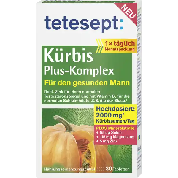 tetesept Krbis PlusKomplex: Цвет: https://www.rossmann.de/de/gesundheit-tetesept-kuerbis-plus-komplex/p/4008491103978
Produktbeschreibung und details Ab einem Alter von   Jahren kann speziell beim Mann die Untersttzung der Funktionsfhigkeit von Blasen und Harnsystem notwendig werden Fr die Blase sind die Schleimhute die Muskelfunktion und das Bindegewebe von Bedeutung tetesept Krbis PlusKomplex enthlt einen innovation Komplex aus hochdosiertem pflanzlichen Krbissamenextrakt sowie ausgewhlten Vitaminen und Mineralstoffen zur Erhaltung eines normalen Testosteronspiegels im Blut und der Fruchtbarkeit dank Zink zum Erhalt normaler Schleimhute dank Vitamin B Die Blase und Harnrhre sind mit Schleimhuten ausgekleidet zur normalen Bindegewebsbildung dank Mangan Der Bereich der Blase und Harnrhre enthlt Bindegewebe zur normalen Muskelfunktion dank Magnesium Somit auch zum Erhalt der wichtigen Blasen und BeckenbodenMuskulatur hochdosiert Lebensmittelunternehmer Name Merz Consumer Care GmbH Adresse Eckenheimer Landstrae   Frankfurt am Main wwwteteseptde Rechtlich vorgeschriebene Produktbezeichnung Nahrungsergnzungsmittel mit KrbissaamenExtrakt Vitamin B Zink Magnesium Mangan und Selen Zutaten Krbissamenextrakt DEV   Magnesiumoxid Fllstoff Mikrokristalline Cellulose Trennmittel Siliciumdioxid Zinkoxid ManganIIsulfat Trennmittel Talkum Magnesiumsalze der Speisefettsuren Maltodextrin berzugsmittel Polyvinylalkohol Riboflavin Vitamin B Farbstoff Eisenoxid gelb berzugsmittel Hydroxypropylcellulose Feuchthaltemittel Glycerin Natriumselenat Farbstoffe Calciumcarbonat Eisenoxid schwarz Brilliantblau Indigokarmin Nhrwerte Durchschnittliche Nhrwertangaben pro  Portion Tagesdosis  Tablette NRV Magnesium  mg   Zink  mg   Mangan  mg   Selen  g   Vitamin B Riboflavin  mg   Anwendung und Gebrauch x tglich  Tablette mit Flssigkeit verzehren Die empfohlene tgliche Verzehrsmenge darf nicht berschritten werden Gebrauch Aufbewahrung und Verwendung Aufbewahrungs und Verwendungsbedingungen Vor Hitze und direkter Lichteinstrahlung schtzen Fr kleine Kinder unzugnglich aufbewahren Warnhinweise und wichtige Hinweise Warnhinweise Die empfohlene tgliche Verzehrsmenge darf nicht berschritten werden Nahrungsergnzungsmittel sind kein Ersatz fr eine abwechslungsreiche und ausgewogene Ernhrung die zusammen mit einer gesunden Lebensweise von Bedeutung ist Fr kleine Kinder unzugnglich aufbewahren