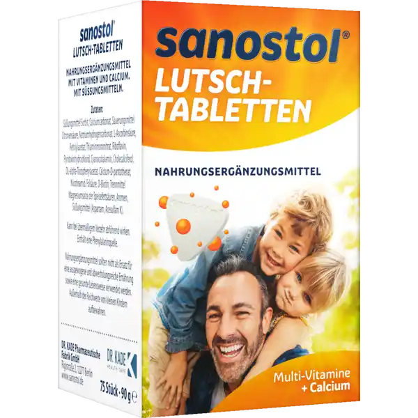 Sanostol Lutsch-Tabletten: Цвет: https://www.rossmann.de/de/gesundheit-sanostol-lutsch-tabletten/p/4043027007436
Produktbeschreibung und details Calcium gehrt zu den wichtigen Mineralstoffen die wir dem Krper regelmig in bestimmten Mengen mit der Nahrung zufhren mssen Wie auch Vitamin D ist es wichtig fr den Erhalt normaler Knochen und Zhne Eine ausreichende Versorgung mit Calcium ist fr alle wichtig Aber nicht jeder mag CalciumQuellen wie Milch und Milchprodukte Kann der Bedarf also mithilfe calciumreicher Nahrungsmittel nicht gedeckt werden ist es gut dass es Sanostol Lutschtabletten gibt Die enthalten auer  lebenswichtigen Vitaminen auch den KnochenBaustein Calcium Auerdem prickeln die Sanostol Lutschtabletten toll im Mund schmecken Jung und Alt und sind ideal fr unterwegs fr die Knochengesundheit bei Abneigung gegen Milch und Milchprodukte ideal auch fr unterwegs glutenfrei zuckerfrei ohne Farbstoffe Lebensmittelunternehmer Name Dr Kade pharmazeutische Fabrik GmbH Adresse Rigistrae   Berlin wwwsanostolde Rechtlich vorgeschriebene Produktbezeichnung Nahrungsergnzungsmittel mit Vitaminen und Calcium Mit Sungsmitteln Zutaten Sungsmittel Sorbit Calciumcarbonat Suerungsmittel Citronensure Natriumhydrogencarbonat LAscorbinsure Retinylacetat Thiaminmononitrat Riboflavin Pyridoxinhydrochlorid Cyanocobalamin Cholecalciferol DLalphaTocopherylacetat CalciumDpantothenat Nicotinamid Pteroylmonoglutaminsure Folsure DBiotin Trennmittel Magnesiumsalze der Speisefettsuren Aromen Sungsmittel Aspartam Acesulfam K Nhrwerte Durchschnittliche Nhrwertangaben pro  Portion pro  Portion  Tabletten  Tabletten NRV NRV Calcium  mg    mg   Vitamin A  g    g   Vitamin D  g    g   Vitamin E  mg    mg   Vitamin C  mg    mg   Vitamin B Thiamin  mg    mg   Vitamin B Riboflavin  mg    mg   Niacin  mg    mg   Vitamin B  mg    mg   Folsure  g    g   Vitamin B  g    g   Biotin  g    g   Pantothensure  mg    mg   Anwendung und Gebrauch Kinder von  bis  Jahren lutschen  Tabletten tglich Kinder ab  Jahren Jugendliche und Erwachsene  Tabletten Gebrauch Aufbewahrung und Verwendung Aufbewahrungs und Verwendungsbedingungen Vor Wrme Sonnenlicht und Feuchtigkeit schtzen Auerhalb der Reichweite von kleinen Kindern aufbewahren Warnhinweise und wichtige Hinweise Warnhinweise Die angegebene empfohlene tgliche Verzehrsmenge darf nicht berschritten werden Nahrungsergnzungsmittel sollten nicht als Ersatz fr eine ausgewogene und abwechslungsreiche Ernhrung sowie eine gesunde Lebensweise verwendet werden Das Produkt enthlt Vitamin A Schwangere Frauen oder Frauen bei denen eine Schwangerschaft nicht ausgeschlossen werden kann sollten vor dem Beginn des Verzehrs ihren Arzt befragen Kann bei bermigem Verzehr abfhrend wirken Enthlt eine Phenylalaninquelle