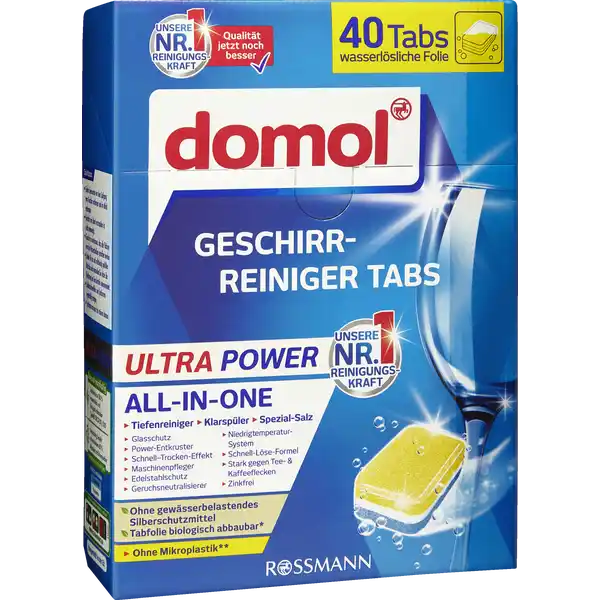 domol Geschirr-Reiniger Tabs Ultra Power: Цвет: https://www.rossmann.de/de/haushalt-domol-geschirr-reiniger-tabs-ultra-power/p/4305615672991
Produktbeschreibung und details Freuen Sie sich auf eine kraftvolle Reinigung fr ein perfektes Glanzergebnis Die domol GeschirrReiniger Tabs Ultra Power vereinen alle wichtigen Funktionen in nur einem Tab  enthlt bereits Klarspler und SpezialSalz Die Tabs bieten eine starke Reinigungskraft schtzen die Geschirrmaterialien und lassen sie strahlend glnzen Tiefenreiniger Entfernt kraftvoll hartnckige Verschmutzungen Klarspler Vermeidet Wasser und Kalkflecken und sorgt fr strahlenden Glanz SpezialSalz Verhindert schdliche Kalkablagerungen Glasschutz Versiegelt Glser und schtzt vor Glaskorrosion PowerEntkruster Entfernt starke Verkrustungen und eingetrocknete Speisereste SchnellTrockenEffekt Begnstigt Trocknung des Geschirrs und erspart lstiges Nachtrocknen Maschinenpfleger Integrierte Pflege fr die Splmaschine Edelstahlschutz Vermeidet Fleckenbildung und erhlt den strahlenden Glanz Geruchsneutralisierer Neutralisiert unangenehme Gerche und sorgt fr Frische nach jedem Splgang NiedrigtemperaturSystem Kraftvolle Reinigung auch bei niedrigen Temperaturen ab C SchnellLseFormel Auch fr Kurzprogramme geeignet Stark gegen Tee ampamp Kaffeeflecken Entfernt zuverlssig hartnckige Verfrbungen von Tee ampamp Kaffee Zinkfrei Weniger gewsserbelastend durch zinkfreie Rezeptur gem OECD    nach ECHA Definition Kontaktdaten Dirk Rossmann GmbH Isernhgener Str   Burgwedel wwwrossmannde      UrsprungslandHerkunftsort EU Testurteile Qualittssiegel ampamp Verbandszeichen Anwendung und Gebrauch Tab mit Folie nur mit trockenen Hnden anfassen Geben Sie  Tab mit wasserlslicher Folien direkt in die Dosierkammer Ihrer Geschirrsplmaschine Stellen Sie sicher dass die Klappe der Dosierkammer nicht versperrt wird Whlen Sie ein NiedrigtemperaturSplprogramm ab  C um Energie und Wasser zu sparen Verwenden Sie nur bei starker Verschmutzung Programme bei  C Tabs in wasserlslicher Folie Sofort nutzbar ohne Auspacken Spltipps Grobe Speisereste vor dem Splgang vom Geschirr entfernen und im Abfall entsorgen Geschirr von Hand vorzusplen ist nicht notwendig Geschirr so einrumen dass alle Flchen von den Wasserstrahlen getroffen werden Splen Sie nur mit vollstndig gefllter Maschine und vermeiden Sie dabei die Berhrung der Geschirrteile untereinander Splmaschinenfilter und Sprharme regelmig reinigen Sprharme mssen frei rotieren knnen Wasserhrte eine zustzliche Verwendung von SpezialSalz ist nur bei hartem Wasser ab  dH notwendig den Wasserhrtebereich erfahren Sie bei Ihrem Wasserwerk Gebrauch Aufbewahrung und Verwendung Aufbewahrungs und Verwendungsbedingungen Packung khl trocken und verschlossen aufbewahren Inhaltsstoffe  Bleichmittel auf Sauerstoffbasis Polycarboxylate Unter  nichtionische Tenside anionische Tenside Phosphonate Enthlt Enzyme Duftstoffe Warnhinweise und wichtige Hinweise Warnhinweise ACHTUNG Verursacht schwere Augenreizung Darf nicht in die Hnde von Kinder gelangen Ist rztlicher Rat erforderlich Verpackung oder Kennzeichnungsetikett bereithalten BEI KONTAKT MIT DEN AUGEN Einige Minuten lang behutsam mit Wasser splen Eventuell vorhandene Kontaktlinsen nach Mglichkeit entfernen Weiter splen Bei anhaltender Augenreizung rztlichen Rat einholen rztliche Hilfe hinzuziehen BEI VERSCHLUCKEN Bei Unwohlsein GIFTINFORMATIONSZENTRUMArzt anrufen Enthlt Subtilisin Kann allergische Reaktionen hervorrufen fr alle Haushaltssplmaschinen geeignet handbemalte Teile und Bleikristalle sollten von Hand gesplt werden Aluminiumgeschirr Besteck mit Holzgriffen oder Holzbrettchen sind fr Splmaschinen ungeeignet Glser knnen durch aneinander reiben whrend des Splganges beschdigt werden Detergenzienblatt Detergenzienblatt Laden Sie das Dokument zum Produkt als PDF herunter