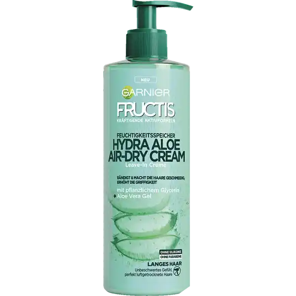 Garnier Fructis Hydra Aloe Air-Dry Cream: Цвет: Produktbeschreibung und details Die Garnier Fructis Hydra Aloe AirDry Cream ist eine feuchtigkeitsspendende Leavein Creme Sie bndigt das Haar verleiht ihm mehr Griffigkeit und sorgt fr ein einfaches Styling ohne Trockenfhnen Bis zu  Stunden lang beugt die Creme zudem Frizz vor Dank der Formel mit Aloe VeraGel und pflanzlichem Gylcerin natrlichen Ursprungs fhlt sich das Haar geschmeidig und schwerelos an Die leichte Formel sorgt zudem fr ein natrliches Haargefhl Die Garnier Fructis Hydra Aloe AirDry Cream ist ideal fr alle die ihr Haar lieber lufttrocknen lassen und kann tglich angewendet werden Kontaktdaten LOral TSA  FR Saint Ouen Cedex wwwgarnierde Anwendung und Gebrauch Die Garnier Fructis Hydra Aloe AirDry Cream auf nassem oder handtuchtrockenem Haar bis in die Spitzen einmassieren Anschlieend das Haar lufttrocknen lassen und ausbrsten sobald das Haar komplett trocken ist Inhaltsstoffe   INGREDIENTS AQUA  WATER  PROPYLENE GLYCOL  GLYCERIN  CAMELLIA SINENSIS LEAF EXTRACT  PPG TRIDECETH  PEGDECYL ALCOHOLSMDI COPOLYMER  NIACINAMIDE  SACCHARUM OFFICINARUM EXTRACT  SUGAR CANE EXTRACT  LEUCONOSTOCRADISH ROOT FERMENT FILTRATE  GLUCOSE  ALOE BARBADENSIS LEAF JUICE  CEREUS GRANDIFLORUS FLOWER EXTRACT  CACTUS FLOWER EXTRACT  PYRIDOXINE HCl  PROPYLENE GLYCOL DICAPRYLATEDICAPRATE  HYDROXYPROPYLTRIMONIUM LEMON PROTEIN  CAPRYLYL GLYCOL  CITRIC ACID  CITRUS LIMON PEEL EXTRACT  LEMON PEEL EXTRACT  LACTIC ACID  PYRUS MALUS FRUIT EXTRACT  APPLE FRUIT EXTRACT  POLYQUATERNIUM  POTASSIUM SORBATE  SODIUM BENZOATE  PHENOXYETHANOL  CI   YELLOW   CI   BLUE   LINALOOL  GERANIOL  CITRONELLOL  BENZYL ALCOHOL  PARFUM  FRAGRANCE FIL C Warnhinweise und wichtige Hinweise Warnhinweise Bei Kontakt mit den Augen diese grndlich aussplen
https://www.rossmann.de/de/pflege-und-duft-garnier-fructis-hydra-aloe-air-dry-cream/p/3600542117593