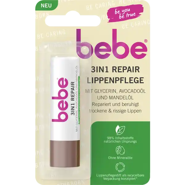 bebe 3 in 1 Repair Lippenpflege: Цвет: Produktbeschreibung und details Manchmal bist du super frsorglich manchmal etwas eigensinnig Es muss nicht immer entweder oder sein Egal fr welche Seite du dich heute entscheidest bebe steht immer auf deiner Die bebe  in  Repair Lippenpflege mit Glycerin Avocadol und Mandell repariert trockene und rissige Lippen und beruhigt sie ab der ersten Anwendung Mit   Inhaltsstoffen natrlichen Ursprungs pflegt die Formel die Lippen intensiv und schtzt sie vor dem Austrocknen Das Ergebnis  Du bebe be you be true Formuliert um Allergierisken zu minimieren Vertrglichkeit dermatologisch besttigt ohne Mineralle Lippenstift als recycelbare Verpackung konzipiert Kappe und Mechanismus sind recycelbar sobald entsprechende Recyclinganlagen verfgbar sind Erfahre mehr ber die Recyclebarkeit auf der bebeWebsite Kontaktdaten Johnson ampamp Johnson SBF  Val de Reuil France wwwbebede UrsprungslandHerkunftsort Frankreich Inhaltsstoffe CaprylicCapric Triglyceride Butyrospermum Parkii Butter Synthetic Beeswax Olus Oil Glyceryl Behenate Hydrogenated Vegetable oil Copernicia Cerifera Cera Tocopheryl Acetate Prunus Amygdalus Dulcis Oil Persea Gratissima Oil Candelilla Cera Glycerin Parfum
https://www.rossmann.de/de/pflege-und-duft-bebe-3-in-1-repair-lippenpflege/p/3574661664859