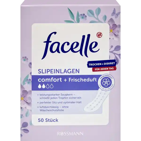 facelle Slipeinlagen comfort + Frischeduft: Цвет: Produktbeschreibung und details fr jeden Tag Trocken  Diskret leistungsstarker Saugkern  schliet jeden Tropfen sicher ein perfekter Sitz und optimaler Halt luftdurchlssig  ohne Wscheschutzfolie besonders weiches Oberflchenvlies sichere Geruchsneutralisierung mit dezentem Frischeduft  hypoallergen Mae  Lnge ca  cm  Breite ca  cm  Dicke ca  mm Kontaktdaten Dirk Rossmann GmbH Isernhgener Strae   Burgwedel wwwrossmannde UrsprungslandHerkunftsort Hergestellt in der EU Testurteile Qualittssiegel ampamp Verbandszeichen
https://www.rossmann.de/de/pflege-und-duft-facelle-slipeinlagen-comfort--frischeduft/p/4305615467375