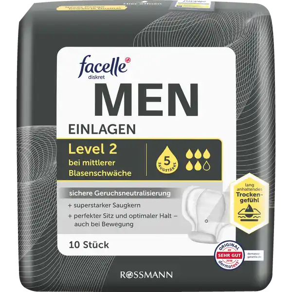 facelle diskret MEN Einlagen Level 2: Цвет: Produktbeschreibung und details bei mittlerer Blasenschwche sichere Geruchsneutralisierung  superstarker Saugkern  perfekter Sitz und optimaler Halt  auch bei Bewegung lang anhaltendes gefhl hohe Saugleistung Die schnelle Flssigkeitsaufnahme sorgt fr ein langanhaltendes Trockengefhl Bei mittlerer Blasenschwche Maximale Saugleistung  ml fr Mnner Speziell fr die Anatomie des Mannes entwickelt Einlage zusammen mit einer engsitzenden Unterhose verwenden Tragekomfort Die weiche Oberflche und die krpergerechte Form gewhrleisten einen bestmglichen Tragekomfort Der breite Haftstreifen ermglicht einen optimalen Sitz der Einlage Sicherer Auslaufschutz Maximale Sicherheit und Diskretion Weiche und elastische Beinabschlsse beugen dem Auslaufen vor und gewhrleisten noch mehr Sicherheit Fr ein angenehmes Frischegefhl werden Gerche schnell und sicher eingeschlossen Mae Lnge ca  cm Breite ca  cm Dicke ca  mm Kontaktdaten Dirk Rossmann GmbH Isernhgener Strae   Burgwedel wwwrossmannde UrsprungslandHerkunftsort Hergestellt in der EU Testurteile Qualittssiegel ampamp Verbandszeichen Konformittserklrung Konformittserklrung Laden Sie das Dokument zum Produkt als PDF herunter
https://www.rossmann.de/de/gesundheit-facelle-diskret-men-einlagen-level-2/p/4305615467672