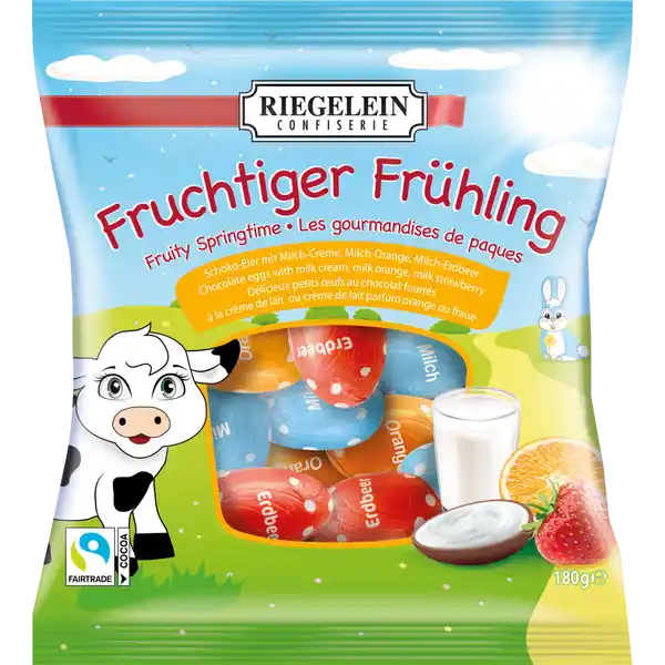 RIEGELEIN Fruchtiger Frhling: Цвет: Produktbeschreibung und details SchokoEier mit MilchCreme MilchOrange MilchErdbeer Lebensmittelunternehmer Name RIEGELEIN Adresse D Cadolzburg D Oderwitz wwwriegeleinde Testurteile Qualittssiegel ampamp Verbandszeichen Rechtlich vorgeschriebene Produktbezeichnung Mischung aus EdelVollmilchschokolade mit MilchcremeFllung MilchcremeFllung mit Erdbeergeschmack und MilchcremeFllung mit Orangengeschmack Fllung  Kakao  mindestens in der EdelVollmilchschokolade Zutaten Zucker VOLLMILCHPULVER  Palmfett Kakaobutter Kakaomasse MAGERMILCHPULVER  SSSMOLKENPULVER  Emulgator Lecithine ErdbeerFruchtpulver Vanilleextrakt Orangenl natrliches Aroma natrliches OrangenAroma Farbstoff Paprikaextrakt Kann Spuren von SCHALENFRCHTEN  ERDNSSEN  SOJA und GLUTEN enthalten Nhrwerte Durchschnittliche Nhrwertangaben pro  g Energie  kj   kcal Fett  g davon  gesttigte Fettsuren  g Kohlenhydrate  g davon  Zucker  g Eiwei  g Salz  g Gebrauch Aufbewahrung und Verwendung Aufbewahrungs und Verwendungsbedingungen Trocken lagern und vor Wrme schtzen
https://www.rossmann.de/de/lebensmittel-riegelein-fruchtiger-fruehling/p/4013900500194