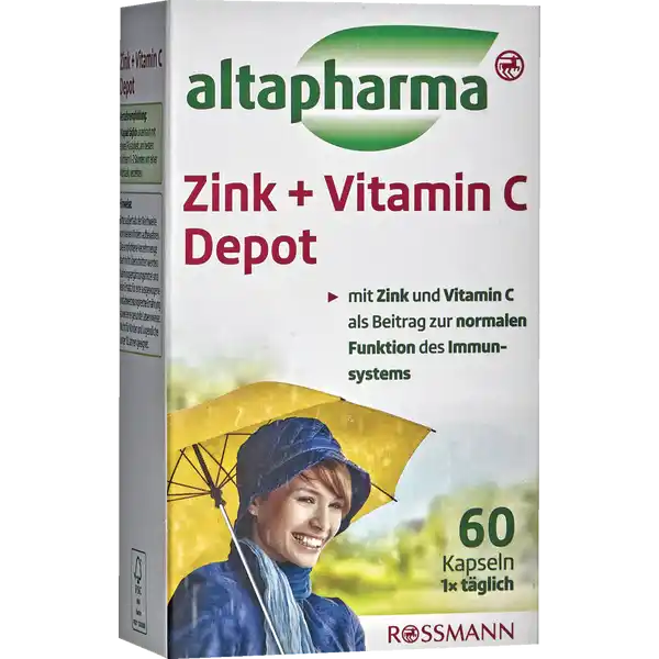 altapharma Zink + Vitamin C Depot: Цвет: https://www.rossmann.de/de/gesundheit-altapharma-zink--vitamin-c-depot/p/4305615615448
Produktbeschreibung und details altapharma Zink  Vitamin C Depot Als Vitamin gehrt Vitamin C zu den essentiellen Stoffen d h der Krper kann es nicht selber herstellen und es muss ber die Nahrung aufgenommen werden Vitamin C trgt zu einer normalen Funktion des Immunsystems sowie zu einem Schutz der Zellen vor oxidativem Stress bei Daneben spielt es eine Rolle im normalen Energiestoffwechsel Zink ist ein sogenanntes Spurenelement und bernimmt im Krper vielfltige Aufgaben So trgt Zink beispielsweise zu einem normalen Stoffwechsel der Makronhrstoffe bei und hat eine Funktion bei der Zellteilung Neben Vitamin C kann es die Funktion des normalen Immunsystems untersttzen und einen Beitrag zum Schutz der Zellen vor oxidativem Stress leisten Zustzlich trgt es zu einer normalen kognitiven Funktion bei In den altapharma Zink  Vitamin C Depot Kapseln knnen die beiden Stoffe in dieser Kombination den Organismus bis zu acht Stunden mit Vitamin C und Zink versorgen Lebensmittelunternehmer Name Dirk Rossmann GmbH Adresse Isernhgener Strae   Burgwedel wwwrossmannde Rechtlich vorgeschriebene Produktbezeichnung Nahrungsergnzungsmittel mit Zink und Vitamin C Zutaten LAscorbinsure Zucker Gelatine Fllstoff mikrokristalline Cellulose CelluloseGel Maisstrke Zinksulfat berzugsmittel Schellack Trennmittel Talkum Farbstoffe Riboflavin TitandioxidLaktosefrei glutenfrei Nhrwerte Durchschnittliche Nhrwertangaben pro  g pro  Portion pro Kapsel Energie  kj   kcal  kj   kcal Fett amplt  g amplt  g davon  gesttigte Fettsuren amplt  g  g Kohlenhydrate  g amplt  g davon  Zucker  g amplt  g Eiwei  g amplt  g Salz amplt  g amplt  g NRV Zink  mg   Vitamin C  mg   Anwendung und Gebrauch Verzehrempfehlung  Kapsel tglich unzerkaut mit etwas Flssigkeit am besten nchtern  Stunden vor einer Mahlzeit verzehren Gebrauch Aufbewahrung und Verwendung Aufbewahrungs und Verwendungsbedingungen Khl trocken und vor Licht geschtzt aufbewahren Warnhinweise und wichtige Hinweise Warnhinweise Bitte auerhalb der Reichweite von kleinen Kindern aufbewahren Die empfohlene Verzehrmenge darf nicht berschritten werden Nahrungsergnzungsmittel sind kein Ersatz fr eine ausgewogene und abwechslungsreiche Ernhrung sowie eine gesunde Lebensweise Nicht fr Kinder und Jugendliche unter  Jahren geeignet