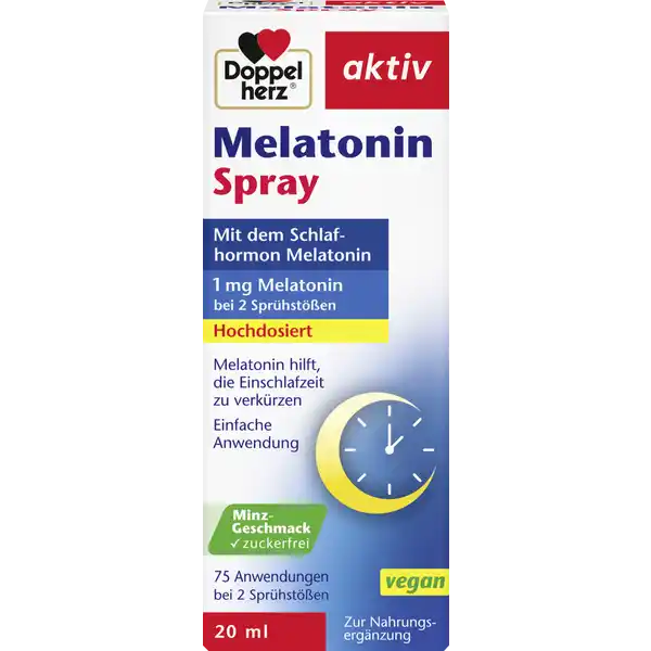 Doppelherz Melatonin Spray: Цвет: https://www.rossmann.de/de/gesundheit-doppelherz-melatonin-spray/p/4009932135886
Produktbeschreibung und details Ausreichender Schlaf ist wichtig fr das Wohlbefinden Der Schlaf besteht aus mehreren Schlafzyklen Whrend des Schlafs laufen wichtige Prozesse im Krper ab Ruhe und Entspannungsphasen wechseln sich mit Tiefschlafphasen ab Erlebtes wird verarbeitet und Erlerntes wird gespeichertWie viel Schlaf ein Mensch bentigt ist unterschiedlich Grundstzlich gilt jedoch dass die meisten Menschen mindestens sieben bis acht Stunden Schlaf pro Nacht brauchen Melatonin hilft die Einschlafzeit zu verkrzenMelatonin ist ein natrlicherweise vorkommendes Hormon das von der Zirbeldrse im Zwischenhirn gebildet wird Die natrliche Melatoninbildung steigt nach Einsetzen der Dunkelheit ein und gipfelt um  bis  Uhr nachts Inder zweiten Nachthlfte fllt sie wieder ab lactosefrei glutenfrei zuckerfrei fr Vegetarier  Veganer geeignet Kontaktdaten Queisser Pharma GmbH ampamp Co KG Schleswiger Str   Flensburg wwwdoppelherzde Zutaten Wasser Emulgator Lecithine  SOJA  Ethanol Melatonin Konservierungsstoff Kaliumsorbat Sureregulator Citronensure Pfefferminzl Sungsmittel Sucralose Farbstoff Riboflavinphosphat Eukalyptusl Kiefernnadell Thymianl Enthlt   Ethanol Anwendung und Gebrauch  Sprhste vor dem Schlafengehen direkt auf die Zunge sprhen und schlucken Vor Gebrauch schtteln Gebrauch Aufbewahrung und Verwendung Aufbewahrungs und Verwendungsbedingungen Trocken vor Licht geschtzt und nicht ber C lagern Nach dem ffnen innerhalb von  Monaten verbrauchen Warnhinweise und wichtige Hinweise Warnhinweise Die angegebene empfohlene tgliche Verzehrsmenge darf nicht berschritten werden Nahrungsergnzungsmittel sind kein Ersatz fr eine ausgewogene und abwechslungsreiche Ernhrung und gesunde Lebensweise Fr kleine Kinder unzugnglich aufbewahren Kinder Jugendliche Schwangere und Stillende sowie Personen die an einer Leber Nieren oder Autoimmunkrankheit leiden sollten das Nahrungsergnzungsmittel nicht anwenden Personen die Arzneimittel anwenden sollten Melatonin nur nach Rcksprache mit dem Arzt oder Apotheker anwenden Melatonin sollte nur kurzfristig maximal  Wochen angewendet werden Da Alkohol die Wirkung von Melatonin auf den Schlaf herabsetzt sollte bei dem Verzehr von Melatonin kein Alkohol zustzlich getrunken werden Kann bei bermigem Verzehr abfhrend wirken