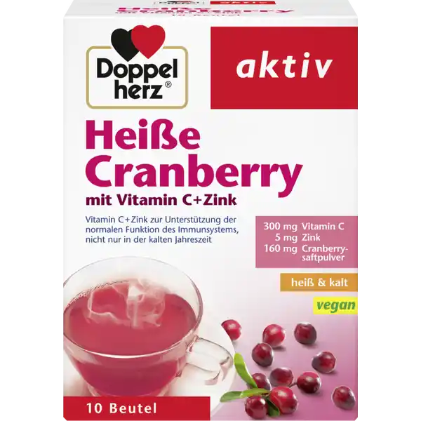 Doppelherz Heie Cranberry mit Vitamin C  Zink: Цвет: https://www.rossmann.de/de/gesundheit-doppelherz-heisse-cranberry-mit-vitamin-c--zink/p/4009932007909
Produktbeschreibung und details Unser Immunsystem ist Tag fr Tag gefordert Dies trifft nicht nur auf die kalte Jahreszeit zu Doppelherz Heie Cranberry mit Vitamin C  Zink ist schnell zubereitet und schmeckt angenehm fruchtig In der kalten Jahreszeit sorgt es als Heigetrnk fr Wrme von innen Da unser Krper bestimmt Nhrstoffe wie das Vitamin C und das Spurenelement Zink nicht selbst herstellen kann ist er auf eine regelmige Zufuhr mit der Nahrung angewiesen Die Cranberry wird auch als quotGroe Moosbeerequot bezeichnet Sie wchst in den Hochmooren von Nordamerika und ist eng verwandt mit der europischen Preiselbeere und der Heidelbeere Schon bei den Ureinwohnern Nordamerikas war sie ein bedeutendes und sehr geschtztes Nahrungsmittel Heute hlt die Cranberry zunehmend auch in unsere Kche Einzug Vitamin C  Zink zur Untersttzung der normalen Funktion des Immunsystems  Cranberrysaftpulver wohltuend in der kalten Jahreszeit  erfrischend im Sommer vegan Lebensmittelunternehmer Name Queisser Pharma GmbH ampamp Co KG Adresse Schleswiger Strae   Flensburg wwwdoppelherzde UrsprungslandHerkunftsort Deutschland Rechtlich vorgeschriebene Produktbezeichnung Nahrungsergnzungsmittel Granulat mit Vitamin C Zink und Cranberrysaftpulver Zutaten Zucker Dextrose Suerungsmittel Citronensure LAscorbinsure Maltodextrin Cranberrysaftpulver   Aroma Rote Bete Saftpulver Palml Zinksulfat Farbstoff Carotin Nhrwerte Durchschnittliche Nhrwertangaben pro  Portion  Beutel NRV Zink  mg   Vitamin C  mg   Anwendung und Gebrauch Tglich den Inhalt  Portionsbeutels in eine Tasse geben mit heiem nicht mehr kochendem Wasser  ml bergieen umrhren und trinken Gebrauch Aufbewahrung und Verwendung Aufbewahrungs und Verwendungsbedingungen Trocken und nicht ber  C lagern Fr kleine Kinder unzugnglich aufbewahren Warnhinweise und wichtige Hinweise Warnhinweise Nicht fr Kinder unter  Jahren geeignet Die angegebene empfohlene tgliche Verzehrsmenge darf nicht berschritten werden Nahrungsergnzungsmittel sind kein Ersatz fr eine ausgewogene und abwechslungsreiche Ernhrung und eine gesunde Lebensweise Ab einer Menge von  mg Zink pro Tag sollte auf die Einnahme weiterer zinkhaltiger Nahrungsergnzungsmittel verzichtet werden