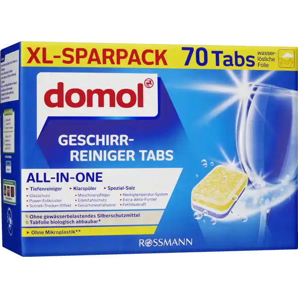 domol Geschirr-Reiniger Tabs All-in-one XL Sparpack: Цвет: https://www.rossmann.de/de/haushalt-domol-geschirr-reiniger-tabs-all-in-one-xl-sparpack/p/4305615965802
Produktbeschreibung und details Freuen Sie sich auf eine kraftvolle Reinigung fr ein perfektes Glanzergebnis Die domol GeschirrReiniger Tabs Performance vereinen alle wichtigen Funktionen in nur einem Tab Die Tabs bieten eine starke Reinigungskraft schtzen die Geschirrmaterialien und lassen sie strahlend glnzen ohne gewsserbelastendes Silberschutzmittel Tabfolie biologisch abbaubar ohne Mikroplastik Finden Sie Ihre Rundumlsung in  Funktionen Tiefenreiniger Entfernt kraftvoll hartnckige Verschmutzungen Klarspler Vermeidet Wasser und Kalkflecken und sorgt fr strahlenden Glanz SpezialSalz Enthrtet Wasser und verhindert schdliche Kalkablagerung  zum Schutz Ihrer Maschine Glasschutz Versiegelt Glser und schtzt vor GlaskorrosionPowerEntkruster Entfernt starke Verkrustungen und eingetrocknete Speisereste SchnellTrockenEffekt Begnstigt die Trocknung des Geschirrs und erspart lstiges Nachtrocknen Maschinenpfleger Integrierte Pflege fr die Splmaschine Edelstahlschutz Vermeidet Fleckenbildung und erhlt den strahlenden Edelstahlglanz Geruchsneutralisierer Neutralisiert unangenehme Gerche und sorgt fr Frische nach jedem Splgang NiedrigtemperaturSystem Kraftvolle Reinigung ggf bereits auch bei niedrigen Temperaturen ab C ExtraAktivFormel Durch optimale Lslichkeit frhzeitige Aktivierung der Wirkstoffe Fettlsekraft Beseitigt Fettverschmutzungen und schtzt vor Fettablagerungen in der Maschine  Tabfolie ist zu  wasserlslich und biologisch abbaubar gem OECD B nach ECHA Definition Kontaktdaten Dirk Rossmann GmbH Isernhgener Strae   Burgwedel wwwrossmannde     UrsprungslandHerkunftsort Hergestellt in der EU Anwendung und Gebrauch SPLTIPPS Grobe Speisereste vor dem Splgang vom Geschirr entfernen und im Abfall entsorgen Geschirr von Hand vorzusplen ist nicht notwendig Geschirr so einrumen dass alle Flchen von den Wasserstrahlen getroffen werden Splen Sie nur mit vollstndig gefllter Maschine und vermeiden Sie dabei die Berhrung der Geschirrteile untereinander Splmaschinenfilter und Sprharme regelmig reinigen Sprharme mssen frei rotieren knnen DOSIEREMPFEHLUNG Tabs in wasserlslicher Folie Sofort nutzbar ohne Auspacken Tab mit Folie nur mit trockenen Hnden anfassen Geben Sie  Tab mit wasserlslicher Folie direkt in die Dosierkammer Ihrer Geschirrsplmaschine Stellen Sie sicher dass die Klappe der Dosierkammer nicht versperrt wird Whlen Sie mglichst ein NiedrigtemperaturSplprogramm ab C um Energie und Wasser zu sparen Verwenden Sie nur bei starker Verschmutzung Programme ab C Tab nicht in den Besteckkorb oder in den Vorratsbehlter fr das SpezialSalz geben Eine zustzliche Verwendung von SpezialSalz und Klarspler ist nur bei hartem Wasser ab dH notwendig Den Wasserhrtebereich erfahren Sie bei Ihrem Wasserwerk Fr alle Haushaltssplmaschinen geeignet Handbemalte Teile und Bleikristalle sollten von Hand gesplt werden Aluminiumgeschirr Besteck mit Holzgriffen oder Holzbrettchen sind fr Splmaschinen nicht geeignet Nicht fr die Reinigung von Silberbesteck geeignet Glser knnen durch aneinander reiben whrend des Splganges beschdigt werden domol GeschirrReiniger Tabs Allinone erzielen auch dann ein sauberes und glnzendes Splergebnis wenn die Kontrollleuchten fr Klarspler undoder Salz aufleuchten sofern vorhanden oder sich noch Klarspler undoder Salz in der Splmaschine befinden In beiden Fllen bleibt die Funktionsfhigkeit Ihrer Splmaschine vollstndig erhalten Gebrauch Aufbewahrung und Verwendung Aufbewahrungs und Verwendungsbedingungen Packung khl trocken und verschlossen aufbewahren Inhaltsstoffe  Bleichmittel auf Sauerstoffbasis Unter  Polycarboxylate nichtionische Tenside Weitere Inhaltsstoffe Enzyme Duftstoffe Rezeptur ohne Mikroplastik Warnhinweise und wichtige Hinweise Warnhinweise ACHTUNG Verursacht schwere Augenreizung Ist rztlicher Rat erforderlich Verpackung oder Kennzeichnungsetikett bereithalten Darf nicht in die Hnde von Kindern gelangen Nach Gebrauch Hnde grndlich waschen BEI KONTAKT MIT DEN AUGEN Einige Minuten lang behutsam mit Wasser splen Eventuell vorhandene Kontaktlinsen nach Mglichkeit entfernen Weiter splen Bei anhaltender Augenreizung rztlichen Rat einholenrztliche Hilfe hinzuziehen Enthlt SUBTILISIN Kann allergische Reaktionen hervorrufen Detergenzienblatt Detergenzienblatt Laden Sie das Dokument zum Produkt als PDF herunter