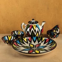 Набор чайный Риштанская керамика "Атлас №3", 9 предметов (чайник 0,8л, пиалы 0,2л): 