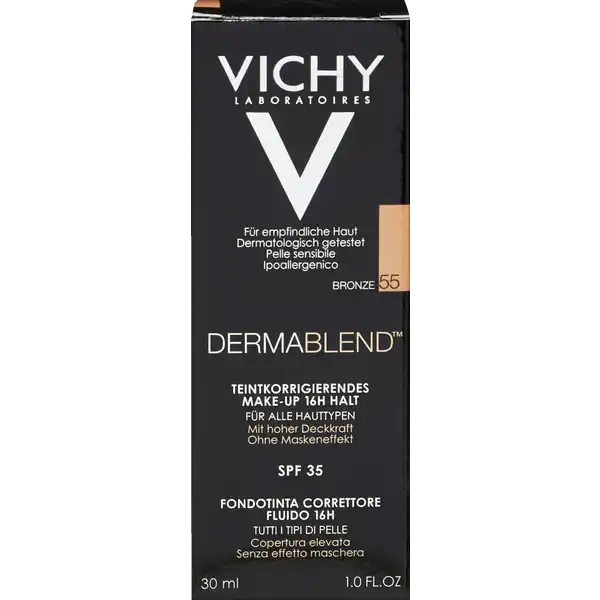 VICHY DERMABLEND Teint-korrigierendes Make-Up 55 bronze: Цвет: Produktbeschreibung und details Perfekte Deckkraft ber  Stunden leichte Textur fr ein reines Hautgefhl und ein mattes Finish Der Teint wird ebenmig mit optimalem Komfort ohne Maskeneffekt und ohne Glanz Foundation zum Abdecken von Hautunregelmigkeiten wie Rtungen Pigmentflecken Mitessern Augenringen geplatzten derchen Tattoos oder kleinen Narben fr alle Hauttypen hohe Deckkraft ohne Maskeneffekt spendet bis zu  h lang Feuchtigkeit bis zu  h Halt LSF  dermatologisch getestet Kontaktdaten VICHY CAICAF  Vichy France TSA   ST OUEN CEDEX FR UrsprungslandHerkunftsort Frankreich Anwendung und Gebrauch Vorbereiten Die Haut reinigen und die gewohnte Feuchtigkeitspflege vor Verwendung des Makeups auf die Haut auftragen Eine kleine Menge des Makeups auf den Handrcken geben und durch kreisartige Bewegungen mit den Fingerspitzen oder mit Hilfe eines Schwmmchens erwrmen Die Textur wird beim Kontakt mit der Haut feinflssig Auftragen Das Makeup mit den FingerspitzenSchwmmchen durch tupfende Bewegungen von der Gesichtsmitte nach auen verteilen Besonders an den Konturen Hals Ohren und Haaransatz das Produkt sorgfltig einklopfen um Rnder zu vermeiden Deckkraft erhhen Die Anwendung so oft wiederholen bis das gewnschte Abdeckergebnis erreicht ist Inhaltsstoffe Aqua  Water Undecane Dimethicone Glycerin Tridecane Polyglyceryl Isostearate Pentylene Glycol Cetyl PegPpg Dimethicone Hexyl Laurate Magnesium Sulfate Disteardimonium Hectorite Trihydroxystearin Cellulose Gum Aluminum Hydroxide Disodium Stearoyl Glutamate Acetylated Glycol Stearate AcrylonitrileMethyl MethacrylateVinylidene Chloride Copolymer Ethylhexylglycerin CI   Titanium Dioxide CI  CI  CI   Iron Oxides Warnhinweise und wichtige Hinweise Warnhinweise Nicht auf unverheilte Wunden auftragen
https://www.rossmann.de/de/make-up-vichy-dermablend-teint-korrigierendes-make-up-55-bronze/p/3337871316631