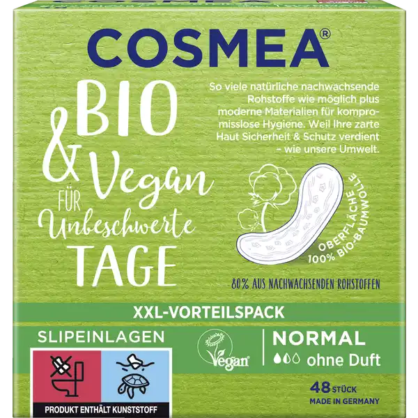 Cosmea Bio Comfort Slipeinlagen XXL- Vorteilspack ohne Duft, Normal: Цвет: Produktbeschreibung und details Die COSMEA BioSlipeinlagen normal werden mit einer Oberflche aus  zertifizierter BioBaumwolle und einem Saugkern aus chlorfrei gebleichten Naturfasern hergestellt Der Wscheschutz ist natrlich ohne Plastikfolie und  luftdurchlssig  hchster Tragekomfort bei verantwortungsvollem Umgang mit Ressourcen Oberflche aus  zertifizierte Baumwolle Saugkern aus chlorfrei gebleichten Naturfasern  nachwachsende Rohstoffe garantiert ohne PlastikfolieOptimaler Halt leichtes Entfernen dermatologisch mit sehr gut ausgezeichnet vegan  ohne Tierversuche Hergestellt in Deutschland Kontaktdaten W Pelz GmbH ampamp Co KG D Wahlstedt wwwcosmeade UrsprungslandHerkunftsort Made in Germany Testurteile Qualittssiegel ampamp Verbandszeichen
https://www.rossmann.de/de/pflege-und-duft-cosmea-bio-comfort-slipeinlagen-xxl--vorteilspack-ohne-duft-normal/p/4000576017033