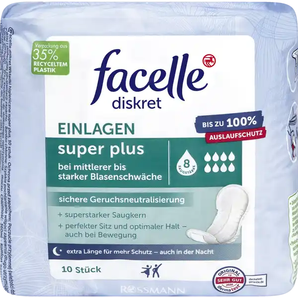 facelle diskret Einlagen super plus: Цвет: Produktbeschreibung und details fr ein angenehmes Frischegefhl werden Gerche schnell und sicher eingeschlossen die schnelle Flssigkeitsaufnahme sorgt fr ein langanhaltendes Trockenheitsgefhl Bei mittlerer bis starker Blasenschwche Saugleistung  ml die besonders weiche Oberflche und die krpergerechte Form gewhrleisten einen bestmglichen Tragekomfort Der breite Haftstreifen ermglicht einen optimalen Sitz der Einlage maximale Sicherheit und Diskretion Weiche und elastische Beinabschlsse beugen dem Auslaufen vor und gewhrleisten noch mehr Sicherheit Lnge ca  mm Breite ca  mm Dicke ca  mm extra Lnge fr mehr Schutz  auch in der Nacht Kontaktdaten Dirk Rossmann GmbH Isernhgener Strae   Burgwedel wwwrossmannde      Testurteile Qualittssiegel ampamp Verbandszeichen
https://www.rossmann.de/de/pflege-und-duft-facelle-diskret-einlagen-super-plus/p/4305615839172