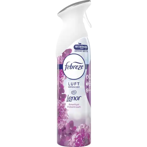 febreze Lufterfrischer Lenor Amethyst: Цвет: Produktbeschreibung und details Febreze Lufterfrischerspray mit FrischeLuftTechnologie entfernt Gerche und hinterlsst einen leichten Frischeduft Entdecken Sie die Sanftheit des Dufts Amethyst Bltentraumquot einer einzigartigen Mischung exotischer Blten Febreze Lufterfrischersprays sind nicht entflammbar und enthalten   natrliches Treibgas Daher sind sie perfekt fr jeden Raum im Haus geeignet Vielzahl hochwertiger Duftnoten Hinterlsst in Ihrem Zuhause einen wundervollen leichten Frischeduft Kontaktdaten Procter ampamp Gamble International Operations SA  route de SaintGeorges  PetitLancy Switzerland wwwfebrezede UrsprungslandHerkunftsort Polen Anwendung und Gebrauch Flasche aufrecht halten und groflchig im Raum Versprhen Inhaltsstoffe Hydroxyisohexyl cyclohexene carboxaldehyde Tetramethyl Acetyloctahydronaphthalenes Warnhinweise und wichtige Hinweise Warnhinweise ACHTUNG Behlter steht unter Druck Kann bei Erwrmung bersten Schdlich fr Wasserorganismen mit langfristiger Wirkung Darf nicht in die Hnde von Kindern gelangen BEI KONTAKT MIT DEN AUGEN Einige Minuten lang behutsam mit Wasser splen Anwendungshinweise beachten Von Hitze heien Oberflchen Funken offenen Flammen und anderen Zndquellen fernhalten Nicht rauchen Nicht durchstechen oder verbrennen auch nicht nach Gebrauch Vor Sonnenbestrahlung schtzen Nicht Temperaturen ber  C aussetzen Enthlt  Massenprozent entzndbare Bestandteile Enthlt Hydroxyisohexyl cyclohexene carboxaldehyde Tetramethyl Acetyloctahydronaphthalenes Kann allergische Reaktionen hervorrufen Personen die auf Duftstoffe empfindlich reagieren sollten dieses Produkt mit Vorsicht verwenden Nach Anwendung Raum lften
https://www.rossmann.de/de/haushalt-febreze-lufterfrischer-lenor-amethyst/p/8006540461136