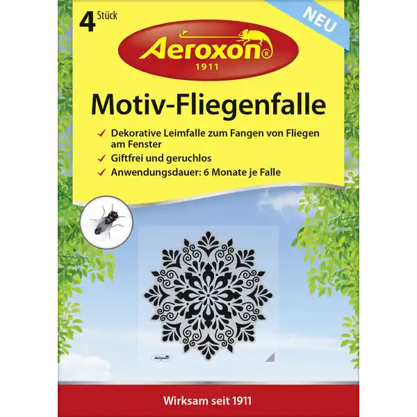 Aeroxon Motiv-Fliegenfalle: Цвет: Produktbeschreibung und details Die Aeroxon MotivFliegenfalle fngt Fliegen in allen Innenrumen Die Falle nutzt das natrliche Verhalten der Fliegen die von Wrme und Lichtquellen angezogen werden und sich deshalb gerne am Fenster aufhalten Die so angezogenen Fliegen werden von der Leimflche der Falle zuverlssig festgehalten Durch das kontrastreiche schwarzgraue Ornament sind gefangene Fliegen erst bei genauer Betrachtung sichtbar Fngt auch Fruchtfliegen wenn die Falle in der Nhe des Befallsherds zB Obstschale angebracht wird dekorative Leimfalle zum Fangen von Fliegen am Fenster giftfrei und geruchlos Anwendungsdauer  Monate je Falle Kontaktdaten Aeroxon Insect Control GmbH Bahnhofstrae  D Waiblingen wwwaeroxonde    Anwendung und Gebrauch  Das mittig geteilte Schutzpapier mit dem Aufdruck  von der Fallenrckseite entfernen  Die MotivFliegenfalle an eine Fensterinnenseite aufkleben die graue Ecke zeigt nach unten rechtsKein Einsatz an schrgen Dachfenstern  Das Schutzpapier mit dem Aufdruck  an einer der unteren Ecken etwas ablsen und mit einem Ruck abziehen Die Leimflche der MotivFliegenfalle ist nun fangbereit  Die Fangwirkung hlt mindestens eine Saison zB von April bis September bzw so lange bis die Leimflche keine weiteren Fliegen mehr aufnehmen kann Fr einen optimalen Fangerfolg sollte pro Fenster eine Fliegenfalle angebracht werden Nach  Monaten die Fliegenfalle von der Fensterscheibe abziehen und entsorgen Gebrauch Aufbewahrung und Verwendung Aufbewahrungs und Verwendungsbedingungen Khl und trocken lagern Inhaltsstoffe Synthetischer Leim Warnhinweise und wichtige Hinweise Warnhinweise Nach Augenkontakt falls Augen verklebt sind Arzt aufsuchen Nicht in die Hnde von Kindern geben Verklebungsgefahr Versehentliche Leimverklebungen knnen mit Speisel oder reinugungsbenzin entfernt werden
https://www.rossmann.de/de/haushalt-aeroxon-motiv-fliegenfalle/p/4027600764510