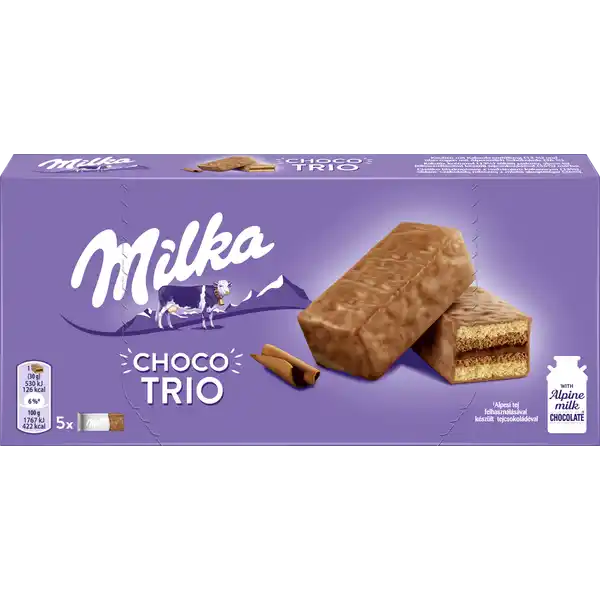 Milka Choco Trio: Цвет: Produktbeschreibung und details Ein Trio zum Verlieben Kleine weiche Kuchen mit cremiger Fllung und zarter SchokoHlle Schicht fr Schicht ein Genuss Milka Choco Trio wird nicht nur Schokoladenfans begeistern Die kleinen lockeren Kuchen berzogen von zarter Milka Alpenmilch Schokolade bestehen aus drei verschiedenen Schichten einer unwiderstehlich kstlichen Schokoladenfllung zwischen dunklem Schokoladenkuchen und hellem Biskuitteig Die einzeln verpackten Milka Choco Trio eignen sich perfekt als leckerer Snack zwischendurch Lebensmittelunternehmer Name Mondelez Deutschland GmbH Adresse D Bremen wwwmilkade Rechtlich vorgeschriebene Produktbezeichnung Kuchen mit Kakaokremfllung  und berzogen mit Alpenmilch Schokolade  Zutaten Zucker WEIZENMEHL  Wasser Kakaobutter Palml VOLLEI  Stabilisator Sorbit GlukoseFruktoseSirup MAGERMILCHPULVER  Glukosesirup Kakaomasse Smolkenpulver aus MILCH  fettarmes Kakaopulver  in der Fllung Kartoffelstrke BUTTERREINFETT  VOLLMILCHPULVER  TROCKENEIGELB  Dextrose Emulgatoren E SOJALECITHINE  E Alkohol Backtriebmittel Diphosphate Natriumcarbonate Ammoniumcarbonate Aromen Speisesalz Kann NSSE enthalten Nhrwerte Durchschnittliche Nhrwertangaben pro  g pro  Portion GDA  Kuchen   g Energie  kj   kcal  kj   kcal   Fett  g  g   davon  gesttigte Fettsuren  g  g   Kohlenhydrate  g  g   davon  Zucker  g  g   Ballaststoffe  g  g Eiwei  g  g   Salz  g  g   Gebrauch Aufbewahrung und Verwendung Aufbewahrungs und Verwendungsbedingungen Trocken lagern und vor Wrme schtzen
https://www.rossmann.de/de/lebensmittel-milka-choco-trio/p/7622201810573