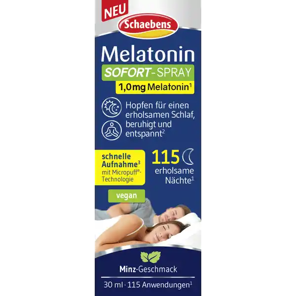 Schaebens Melatonin Sofort-Spray: Цвет: https://www.rossmann.de/de/gesundheit-schaebens-melatonin-sofort-spray/p/4003573289052
Produktbeschreibung und details Tiefer erholsamer Schlaf ist die Voraussetzung fr einen aktiven leistungsfhigen Tag und unser gesamtes Wohlbefinden Ein stressiger Alltag aber auch Schicht und Nachtarbeit oder lange Flugreisen ber mehrere Zeitzonen hinweg knnen zu Schlafproblemen fhren Dabei ist das krpereigene Schlafhormon Melatonin an der Steuerung der Schlaf und Wachzeiten beteiligt Das Schaebens Melatonin SOFORTSpray kombiniert das natrliche Melatonin mit dem bewhrten Hopfenextrakt Hopfen untersttzt den natrlichen Schlaf wirkt beruhigend und untersttzt gleichzeitig die Entspannung Zustzlich trgt Melatonin ab  mg zur Linderung der subjektiven Jetlag Empfindung sowie zur Verkrzung der Einschlafzeit bei Das einfach anzuwendende Spray enthlt keinen Zucker Daher kann es problemlos auch nach dem Zhneputzen angewendet werden Hopfen fr einen erholsamen Schlaf beruhigt und entspannt schnelle Aufnahme MinzGeschmack Lebensmittelunternehmer Name Schaebens Adresse  Frechen wwwschaebensde Rechtlich vorgeschriebene Produktbezeichnung Nahrungsergnzungsmittel mit Melatonin und Hopfenextrakt mit Sungsmittel Zutaten Wasser Emulgator Glycerin Hopfenextrakt   liposomales Melatonin Phosphatidylcholin aus SOJALECITHIN  Ethanol Konservierungsstoff Kaliumsorbat Sureregulator Citronensure Pfefferminzl Sungsmittel Sucralose Eukalyptusl Pinienl Thymianl Nhrwerte Nhrwertbeschreibung Enthalt pro  Sprhsto  mg Melatonin  mg HopfenExtrakt Anwendung und Gebrauch Verzehrsempfehlung  Sprhstoe pro Tag vor dem Schlafen direkt in den Mund sprhen Bei Jetlag Die positive Wirkung stellt sich ein wenn am ersten Reisetag kurz vor dem Schlafengehen sowie an den ersten Tagen nach Ankunft am Zielort mindestens  mg Melatonin aufgenommen werden Bei Verkrzung der Einschlafzeit Die positive Wirkung stellt sich ein wenn kurz vor dem Schlafengehen  mg Melatonin aufgenommen wird Gebrauch Aufbewahrung und Verwendung Aufbewahrungs und Verwendungsbedingungen Khl trocken und vor Licht geschtzt aufbewahren Warnhinweise und wichtige Hinweise Warnhinweise Enthlt   Ethanol Nahrungsergnzungsmittel sind kein Ersatz fr eine ausgewogene abwechslungsreiche Ernhrung und eine gesunde Lebensweise Die angegebene empfohlene tgliche Verzehrsmenge darf nicht berschritten werden Bei Einnahme von Medikamenten wird die vorige Absprache mit Ihrem Arzt empfohlen Nicht whrend der Schwangerschaft und Stillzeit einnehmen und auerhalb der Reichweite von kleinen Kindern aufbewahren Von einer Einnahme ber einen lngeren Zeitraum oder einer Daueranwendung wird abgeraten Khl trocken und vor Licht geschtzt aufbewahren Nach dem ffnen innerhalb von  Monaten Lagerung bei Raumtemperatur oder innerhalb von  Monaten Lagerung im Khlschrank verbrauchen