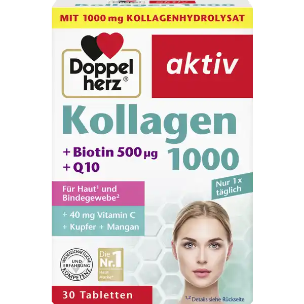 Doppelherz Kollagen 1000: Цвет: https://www.rossmann.de/de/gesundheit-doppelherz-kollagen-1000/p/4009932133769
Produktbeschreibung und details Haut und Bindegewebe beeinflussen mageblich unser Aussehen und sind ein Zeichen fr gutes Aussehen und Attraktivitt Mit zunehmendem Alter neigt unsere Haut dazu dnner zu werden Dies geschieht dann wenn der Kollagenanteil der Haut abnimmt und die Hautelastizitt nachlsst Kollagen ist ein wichtiges Strukturprotein der Haut und befindet sich vor allem imBindegewebe Das Coenzym Q kommt im gesamten Krper vor Ein wesentlicher Teil des Q wird in den Kraftwerken der Zelle den sogenannten Mitochondriengespeichert Eine regelmige Zufuhr von Vitaminen und Mineralstoffen kann dabei helfen die natrliche Schnheit von innen zu untersttzen Fr Haut und Bindegewebe Biotin trgt zum Erhalt normaler Haut bei Vitamin C trgt zu einer normalen Kollagenbildung fr eine normale Funktion der Haut bei Kupfer trgt zu einer normalen Hautpigmentierung bei Mangan und Kupfer tragen zur normalen Bindegewebsbildung bei Mangan und Vitamin C leisten auerdem einen Beitrag zum Schutz der Zellen vor oxidativem Stress Lebensmittelunternehmer Name Queisser Pharma GmbH ampamp Co KG Adresse Schleswiger Str   Flensburg wwwdoppelherzde Rechtlich vorgeschriebene Produktbezeichnung Tabletten mit Kollagenhydrolysat Vitaminen Spurenelementen und Coenzym QNahrungsergnzungsmittel Zutaten Kollagenhydrolysat Rind Fllstoff Dicalciumphosphat Vitamin C Trennmittel vernetzte Carboxymethylcellulose berzugsmittel Hydroxypropylmethylcellulose Trennmittel Magnesiumsalze der Speisefettsuren Trennmittel Siliciumdioxid Strke Coenzym Q Trennmittel Talkum Fllstoff mikrokristalline Cellulose Feuchthaltemittel Glycerin Mangansulfat Farbstoff Eisenoxide und Eisenhydroxide Kupfersulfat Biotin Nhrwerte Durchschnittliche Nhrwertangaben pro  Portion  Tablette Tagesdosis Referenzwert Nhrstoffbezugswerte gem EUVerordnung  NRV Kupfer  mg   Mangan  mg   Vitamin C  mg   Biotin  g   Anwendung und Gebrauch Verzehrempfehlung tglich  Tablette zu einer Mahlzeit mit ausreichend Flssigkeit einnehmen Gebrauch Aufbewahrung und Verwendung Aufbewahrungs und Verwendungsbedingungen Trocken und nicht ber  C lagern Warnhinweise und wichtige Hinweise Warnhinweise Die angegebene empfohlene tgliche Verzehrsmenge darf nicht berschritten werden Nahrungsergnzungsmittel sind kein Ersatz fr eine ausgewogene und abwechslungsreiche Ernhrung und einegesunde Lebensweise Fr kleine Kinder unzugnglich aufbewahren Mangels Datenlage sollten Schwangere Stillende Kinder und Jugendliche auf eine Anwendung verzichten Bitte Gebrauchsinformation beachten