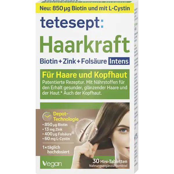 tetesept Haarkraft Depot Intens: Цвет: https://www.rossmann.de/de/gesundheit-tetesept-haarkraft-depot-intens/p/4008491105026
Produktbeschreibung und details Gesunde krftige Haare sind wichtig fr ein gepflegtes Erscheinungsbild Eine Versorgung mit Vitaminen und Mineralstoffen ist immer sinnvoll tetesept Haarkraft Intens Tabletten tragen bei zur Erhaltung normaler Haare und Haut dank Biotin und Zink zur Zellteilung dank Vitamin B Folsure und Zink fr eine langfristige NhrstoffVersorgung ideal zur Kur Anwendung Lebensmittelunternehmer Name Merz Consumer Care GmbH Adresse Eckenheimer Landstrae   Frankfurt wwwteteseptde Rechtlich vorgeschriebene Produktbezeichnung Nahrungsergnzungsmittel mit Vitaminen LCystin und Zink Zutaten Fllstoff Mikrokristalline Cellulose LCystin  Fllstoff Hydroxypropylmethylcellulose Zinkoxid Nicotinamid Niacin LArgininhydrochlorid  CalciumDpantothenat Pantothensure Pyridoxinhydrochlorid Vitamin B Thiaminmononitrat Vitamin B berzugsmittel Hydroxypropylcellulose Farbstoff Calciumcarbonat Trennmittel Magnesiumsalz der Speisefettsure Fllstoff Mannitol DBiotin Trennmittel Talkum Pteroylmonoglutaminsure Folsure Trennmittel Speisefettsure l pflanzlich Kokosnuss Farbstoff Eisenoxid gelb Cyanocobalamin Vitamin B Nhrwerte Durchschnittliche Nhrwertangaben pro  Portion Tagesdosis Tagesdosis Referenzwert Referenzmenge fr die tgliche Zufuhr von Vitaminen und Mineralstoffen NRV Zink  mg   Vitamin B Thiamin  mg   Niacin  mg   Vitamin B  mg   Folsure  g   Vitamin B  g   Biotin  g   Pantothensure  mg   Anwendung und Gebrauch x tglich  Tablette mit ausreichend Flssigkeit unzerkaut verzehren Gebrauch Aufbewahrung und Verwendung Aufbewahrungs und Verwendungsbedingungen Vor Hitze und direkter Lichteinstrahlung schtzen Fr kleine Kinder unzugnglich aufbewahren Warnhinweise und wichtige Hinweise Warnhinweise Die empfohlene tgliche Verzehrsmenge darf nicht berschritten werden Nahrungsergnzungsmittel sind kein Ersatz fr eine abwechslungsreiche und ausgewogene Ernhrung die zusammen mit einer gesunden Lebensweise von Bedeutung ist Fr kleine Kinder unzugnglich aufbewahren Bitte informieren Sie bei anstehenden Laboruntersuchungen Ihren Arzt ber die Einnahme eines Biotinhaltigen Produktes