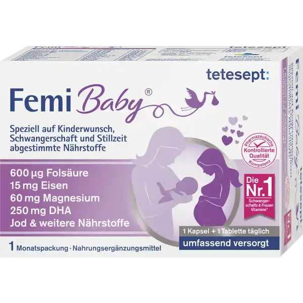 tetesept Femi Baby®: Цвет: https://www.rossmann.de/de/gesundheit-tetesept-femi-baby/p/4008491119740
Produktbeschreibung und details tetesept Femi Baby enthlt speziell auf Kinderwunsch Schwangerschaft und Stillzeit abgestimmte Nhrstoffe tetesept Femi Baby enthlt Folsure Eisen Magnesium DHA und Jod sowie  weitere Vitamine und Mineralstoffe fr eine umfassende Versorgung von Frauen mit Kinderwunsch Schwangeren und Stillenden Die Konzentration der Inhaltsstoffe bercksichtigt die Empfehlungen der deutschen Gesellschaft fr Ernhrung tetesept Femi Baby trgt so dank Folsure zum Wachstum des mtterlichen Gewebes und dank des enthaltenden Eisens zur normalen Bildung roter Blutkrperchen und zu normalem Sauerstofftransport bei Des Weiteren untersttzt das Jod in tetesept Femi Baby eine gesunde Produktion von Schilddrsenhormonen whrend das angereicherte DHA zur normalen Entwicklung des Gehirns und der Augen des Ftus beitrgt Hierfr sollten von der Mutter neben der empfohlenen Tagesdosis von OmegaFettsuren dh  mg DHA  EPA tglich mg DHA zugefhrt werden trgt zum Wachstum des mtterlichen Gewebes whrend der Schwangerschaft dank Folsure bei trgt zur normalen Bildung roter Blutkrperchen und dem Sauerstofftransport im Krper dank Eisen bei trgt zur normalen Entwicklung des Gehirns und der Augen beim Ftus und beim gestillten Sugling bei dank DHA Hierfr sollten von der Mutter neben der empfohlenen Tagesdosis von OmegaFettsuren dh  mg DHA  EPA tglich  mg DHA zugefhrt werden trgt zu einer normalen Produktion von Schilddrsenhormonen dank Jod bei Lebensmittelunternehmer Name Merz Consumer Care GmbH Adresse Eckenheimer Landstrae   Frankfurt am Main wwwteteseptde UrsprungslandHerkunftsort Deutschland Rechtlich vorgeschriebene Produktbezeichnung Nahrungsergnzungsmittel mit Vitaminen Mineralstoffen und OmegaFettsuren Zutaten FISCHL  Fllstoff Mikrokristalline Cellulose Calciumcarbonat Gelatine Rind Ascorbinsure Vitamin C Magnesiumoxid Feuchthaltemittel Glycerin Eisenfumarat Fllstoff Mannit berzugsmittel Hydroxypropylmethylcellulose DLalphaTocopherylacetat Vitamin E modifizierte Strke Fllstoff Gummi arabicum Maltodextrin berzugsmittel Hydroxypropylcellulose Nicotinamid Niacin Trennmittel Magnesiumsalze der Speisefettsuren Calciumpantothenat Trennmittel Talkum Siliciumdioxid l pflanzlich Kokosnuss Palmkern Saccharose Trennmittel Speisefettsure Pyridoxinhydrochlorid Vitamin B Maisstrke Riboflavin VitaminB Thiaminmononitrat Vitamin B Pteroylmonoglutaminsure Folsure Kaliumjodat Farbstoff echtes Karmin Eisenoxid gelb Biotin Cholecalciferol Vitamin D Cyanocobalamin Vitamin B Nhrwerte Durchschnittliche Nhrwertangaben pro  Portion  Tablette NRV Calcium  mg   Magnesium  mg   Eisen  mg   Jod  g   Vitamin D  g   Vitamin E  mg   Vitamin C  mg   Vitamin B Thiamin  mg   Vitamin B Riboflavin  mg   Niacin  mg   Vitamin B  mg   Folsure  g   Vitamin B  g   Biotin  g   Pantothensure  mg   Anwendung und Gebrauch x tglich  Tablette und  Kapsel unzerkaut mit ausreichend Flssigkeit verzehren Die empfohlene tgliche Verzehrmenge darf nicht berschritten werden Gebrauch Aufbewahrung und Verwendung Aufbewahrungs und Verwendungsbedingungen Vor Hitze und direkter Lichteinstrahlung schtzen Fr kleine Kinder unzugnglich aufbewahren Warnhinweise und wichtige Hinweise Warnhinweise Nahrungsergnzungsmittel sind kein Ersatz fr eine abwechslungsreiche und ausgewogene Ernhrung die zusammen mit einer gesunden Lebensweise von Bedeutung ist Fr Erwachsene Fr kleine Kinder unzugnglich aufbewahren Die empfohlene tgliche Verzehrmenge darf nicht berschritten werden