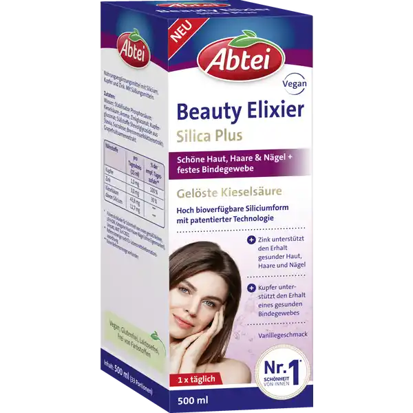 Abtei Beauty Elixier Silica Plus: Цвет: Produktbeschreibung und details Schne Haut Haare ampamp Ngel  festes Bindegewebe Gelste Kieselsure Hoch bioverfgbare Siliciumform mit patentierter Technologie  Zink untersttzt den Erhalt gesunder Haut Haare und Ngel  Kupfer untersttzt den Erhalt eines gesunden Bindegewebes Vanillegeschmack vegan glutenfrei laktosefrei frei von Farbstoffen Lebensmittelunternehmer Name ABTEI OP Pharma GmbH Adresse Abtei  D   Marienmnster wwwabteide Rechtlich vorgeschriebene Produktbezeichnung Nahrungsergnzungsmittel mit Silicium Kupfer und Zink Mit Sungsmitteln Zutaten Wasser Stabilisator Phosphorsure Kieselsure Aroma Zinkgluconat Kupfergluconat Sstoffe Steviolglycoside aus Stevia Sucralose Brennesselbltterextrakt Grapefruitsamenextrakt Nhrwerte Durchschnittliche Nhrwertangaben pro  Portion  ml NRV Zink  mg   Kupfer  mg   Anwendung und Gebrauch Erwachsene Tglich  ml pur mithilfe des Messbechers einnehmen Bei Bedarf kann das Produkt auch verdnnt eingenommen werden  ml   ml Wasser Das verdnnte Produkt unmittelbar nach Zubereitung trinken Gebrauch Aufbewahrung und Verwendung Aufbewahrungs und Verwendungsbedingungen Vor Wrme und Sonneneinstrahlung schtzen Auerhalb der Reichweite kleiner Kinder aufbewahren Warnhinweise und wichtige Hinweise Warnhinweise Nahrungsergnzungsmittel sind kein Ersatz fr eine abwechslungsreiche und ausgewogene Ernhrung sowie eine gesunde Lebensweise Die angegebene empfohlene tgliche Verzehrsmenge darf nicht berschritten werden
https://www.rossmann.de/de/gesundheit-abtei-beauty-elixier-silica-plus/p/4250752204195