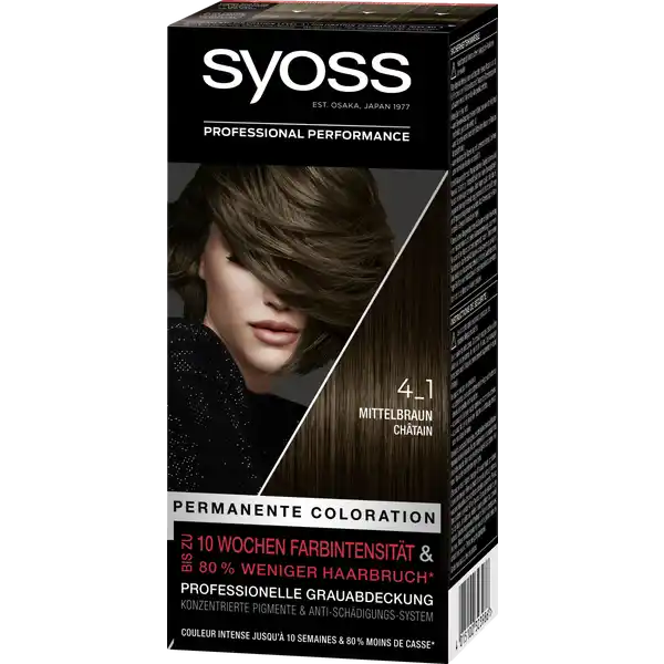 Syoss Professional Performance permanente Coloration 4_1 Mittelbraun: Цвет: Produktbeschreibung und details Sie suchen intensive lang anhaltende Farbergebnisse und geschtztes Haar  wie vom Friseur maximale Farbintensitt und lange Hahltbarkeit mit AntiSchdigungsPflege fr eine Erneuerung von Haarfaserbindungen und bis zu  weniger Haarbruch professionelle Grauabdeckung SALONPLEX Technologie Die SALONPLEX AntiSchdigungsPflegeTechnologie wirkt in  Schritten  Sie gleicht Haarschden aus erneuert die Haarfaserbindungen und reduziert damit Haarbruch um bis zu   Sie versiegelt die Haarfaser nach dem Colorieren von auen und schtzt so vor Farbverblassen Gepflegtes und geschtztes Haar fr lang anhaltende und intensive Farbergebnisse im Vergleich zu unbehandeltem Haar Kontaktdaten Schwarzkopf ampamp Henkel GmbH D Dsseldorf wwwsyossde     Anwendung und Gebrauch Bitte Gebrauchsanweisung beachten
https://www.rossmann.de/de/pflege-und-duft-syoss-professional-performance-permanente-coloration-4_1-mittelbraun/p/4015100323986