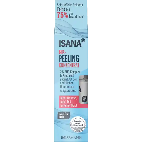 ISANA BHA-Peeling Konzentrat: Цвет: Produktbeschreibung und details Das sanfte ISANA BHAPEELING KONZENTRAT mit  Salizylsure BHA entfernt effektiv abgestorbene Hautzellen auch aus den Poren und rediziert so unreine Haut Das Konzentrat untersttzt den natrlichen Hauterneuerungsprozess Die eingesetzte Salizylsure kann in den Talg der Poren eindringen und lst leicht obere abgestorbene Hautschppchen Die Poren wirken ebenmiger und die Haut glatter und verfeinert Angereichert mit Panthenol wird die Haut beruhigt und gepflegt Die Haut wird sofort intensiv mit Feuchtigkeit versorgt jeder Hauttyp auch bei unreiner Haut parfmfrei Hautvertrglichkeit dermatologisch besttigt Rezeptur ohne Mikroplastik vegan Kontaktdaten Dirk Rossmann GmbH Isernhgener Str   Burgwedel wwwrossmannde UrsprungslandHerkunftsort Deutschland Testurteile Qualittssiegel ampamp Verbandszeichen Anwendung und Gebrauch Nach der Reinigung sanft auf das gesamte Gesicht und den Hals auftragen Augenpartie aussparen Nicht absplen Zunchst jeden zweiten Tag auftragen und die Reaktion der Haut beobachten Dann je nach Vertrglichkeit und Belieben bis zu zweimal tglich anwenden Als letzten Schritt der Morgenroutine immer einen Sonnenschutz mit mindestens LSF  auftragen Inhaltsstoffe AQUA BUTYLENE GLYCOL PROPYLENE GLYCOL HYDROXYPROPYL STARCH PHOSPHATE SALICYLIC ACID PANTHENOL SODIUM HYDROXIDE CITRIC ACID Warnhinweise und wichtige Hinweise Warnhinweise Nicht mit Augen oder Schleimhuten in Berhrung kommen Nur zur uerlichen Anwendung Bei ekzematsen oder entzndlichen Vernderungen der Haut sollte das Produkt nicht angewendet werden Nicht fr Kinder unter  Jahren verwenden
https://www.rossmann.de/de/pflege-und-duft-isana-bha-peeling-konzentrat/p/4305615915036