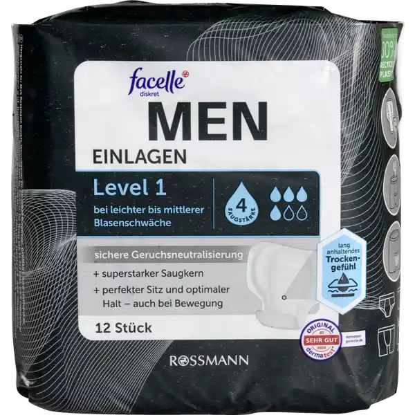 facelle diskret MEN Einlagen Level 1: Цвет: Produktbeschreibung und details bei leichter bis mittlerer Blasenschwche Saugstrke  maximale Saugleistung  ml sicherer Auslaufschutz aktiver Geruchsschutz optimaler Sitz und sicherer Halt Mae    cm Dicke  mm Kontaktdaten Dirk Rossmann GmbH Isernhgener Strae   Burgwedel Testurteile Qualittssiegel ampamp Verbandszeichen Konformittserklrung Konformittserklrung Laden Sie das Dokument zum Produkt als PDF herunter
https://www.rossmann.de/de/gesundheit-facelle-diskret-men-einlagen-level-1/p/4305615658261