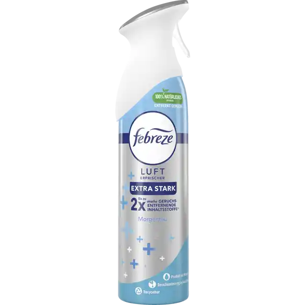 febreze Lufterfrischer Extra Stark Morgentau: Цвет: Produktbeschreibung und details Febreze Lufterfrischer mit FrischeLuftTechnologie entfernt Gerche und hinterlsst einen leichten Frischeduft Febreze Lufterfrischerspray Extra Stark enthlt bis zu x mehr geruchsentfernende Inhaltsstoffe im Vergleich zu den regulren Febreze Lufterfrischern Morgentau ist ein angenehmer leichter Duft Febreze Lufterfrischersprays sind nicht entflammbar und enthalten   natrliches Treibgas Daher sind sie perfekt fr jeden Raum im Haus geeignet Probieren Sie alle Febreze Produkte mit der einzigartigen FrischeLuftTechnologie aus z B Febreze Textilerfrischer und Autolufterfrischer Probieren Sie auch Febreze Volution Duftstecker aus die Gerche bis zu  Tage lang entfernen Kontaktdaten Procter ampamp Gamble International Operations SA  route de SaintGeorges  PetitLancy Switzerland wwwfebrezede   Anwendung und Gebrauch Flasche aufrecht halten und groflchig im Raum versprhen Inhaltsstoffe Behlter steht unter Druck Kann bei Erwrmung bersten Darf nicht in die Hnde von Kindern gelangen BEI KONTAKT MIT DEN AUGEN Einige Minuten lang behutsam mit Wasser splen Behlter nur vllig restentleert gem den jeweiligen rtlichen Regelungen der Wertstoffsammlung  Entsorgung zufhren Anwendungshinweise beachten Von Hitze heien Oberflchen Funken offenen Flammen und anderen Zndquellen fernhalten Nicht rauchen Nicht durchstechen oder verbrennen auch nicht nach Gebrauch Vor Sonnenbestrahlung schtzen Nicht Temperaturen ber  C aussetzen Warnhinweise und wichtige Hinweise Warnhinweise ACHTUNG Behlter steht unter Druck Kann bei Erwrmung bersten Darf nicht in die Hnde von Kindern gelangen BEI KONTAKT MIT DEN AUGEN Einige Minuten lang behutsam mit Wasser splen Behlter nur vllig restentleert gem den jeweiligen rtlichen Regelungen der Wertstoffsammlung  Entsorgung zufhren Anwendungshinweise beachten Von Hitze heien Oberflchen Funken offenen Flammen und anderen Zndquellen fernhalten Nicht rauchen Nicht durchstechen oder verbrennen auch nicht nach Gebrauch Vor Sonnenbestrahlung schtzen Nicht Temperaturen ber  C aussetzen Enthlt  Massenprozent entzndbare Bestandteile
https://www.rossmann.de/de/haushalt-febreze-lufterfrischer-extra-stark-morgentau/p/8006540461075