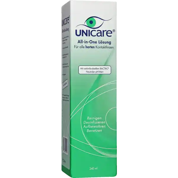 Unicare AllinOne Lsung: Цвет: https://www.rossmann.de/de/gesundheit-unicare-all-in-one-loesung/p/8714367001250
Produktbeschreibung und details AllinOne Lsung ist eine ausba lancierte sterile Kontaktlinsenflssigkeit fr die tgliche Pflege aller harten Kontakt linsen Beseitigt Verunreinigungen auf der Linsenoberflche und desinfiziert zuverlssig mit antimikrobiellem BACTAC Inkl Linsenbehlter Fr alle harten Kontaktlinsen Zum Reinigen Desinfizieren Aufbewahren ampamp Benetzen Mit antimikrobiellem BACTAC Neutraler pHWert Gebrauch Aufbewahrung und Verwendung Aufbewahrungs und Verwendungsbedingungen Bei Zimmertemperatur  C   C lagern Inhaltsstoffe BACTAC  NaCl Poloxamer  EDTA  HPMC  Puffer Wasser Warnhinweise und wichtige Hinweise Warnhinweise Nicht verwenden wenn der Originalitts verschluss beschdigt ist Nach ffnen der Flasche die Flssigkeit innerhalb von  Tagen aufbrauchen Flasche nach der Verwendung schliessen Nach jeder Desinfektion die Lsung im Linsenbehlter erneuern Fr Kinder unzugnglich aufbewahren Bei Augenreizungen die Anwendung abbrechen und Arzt oder Kontaktlinsen spezialisten aufsuchen Nicht verwenden bei allergischer Reaktion auf einen der Inhaltsstoffe Ausschliesslich fr harte Linsen verwenden