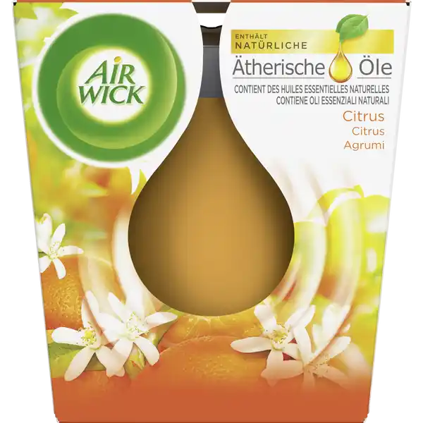 Air Wick WohlfhlDuftkerze Citrus: Цвет: https://www.rossmann.de/de/haushalt-air-wick-wohlfuehl-duftkerze-citrus/p/4251758422842
Produktbeschreibung und details Air Wick WohlfhlDuftkerze AntiTabak Orange  Entdecken Sie den mediterranen Duft von saftigen Orangen und Zedernholz effizient gegen Gerche klassische Duftkerze mit therischen len wunderbarer Duft vom ersten bis zum letzten Anznden satiniertes Glas im dezenten Design bis zu  Stunden Brenndauer Kontaktdaten RB Hygiene Home Deutschland GmbH Darwinstr   Heidelberg wwwairwickde    Anwendung und Gebrauch Lesen Sie bitte vor Anwendung die Gebrauchs und Sicherheitshinweise SORGFLTIG durch und bewahren diese gut auf Nichtbefolgen der Hinweise kann zu Feuergefahr Verletzungsgefahr oder Glasbruch fhren KEINE FREMDKRPER IN DIE KERZE EINFGEN ZB STREICHHLZER Keine therischen le zufgen Brennende Kerze nie unbeaufsichtigt oder lnger als  Stunden und immer entfernt von brennbaren Gegenstnden abbrennen lassen Auf ebene und hitzebestndige Oberflchen stellen und fern von Zugluft Von entzndlichen Gegenstnden fernhalten Kerze aufrecht hinstellen Nicht auf heien Oberflchen oder in der Nhe von Wrmequellen verwenden Docht auf ca  cm krzen um bermiges Ruen zu vermeiden Niemals brennende oder gerade erloschene Kerze bewegen oder neigen Kontakt zwischen Flamme und Glas vermeiden Glas wird whrend und nach der Benutzung hei sein Bei weniger als  cm Wachs die Kerze bitte lschen Kerze niemals komplett abbrennen lassen Kerze immer vorsichtig ausblasen Bei beschdigtem Glas die Kerze nicht verwenden Immer mindestens  cm Abstand zwischen einzelnen brennenden Kerzen lassen Personen die auf Duftstoffe empfindlich reagieren sollten dieses Produkt mit Vorsicht verwenden Raumdfte sind kein Ersatz fr gute Haushaltshygiene wwwrbeuroinfocom Inhaltsstoffe Enthlt Linalool Limonene Kann allergische Reaktionen hervorrufen Warnhinweise und wichtige Hinweise Warnhinweise Ist rztlicher Rat erforderlich Verpackung oder Kennzeichnungsetikett bereithalten Darf nicht in die Hnde von Kindern gelangen BEI VERSCHLUCKEN Sofort GIFTINFOMATIONSZENTRUM oder Arzt anrufen