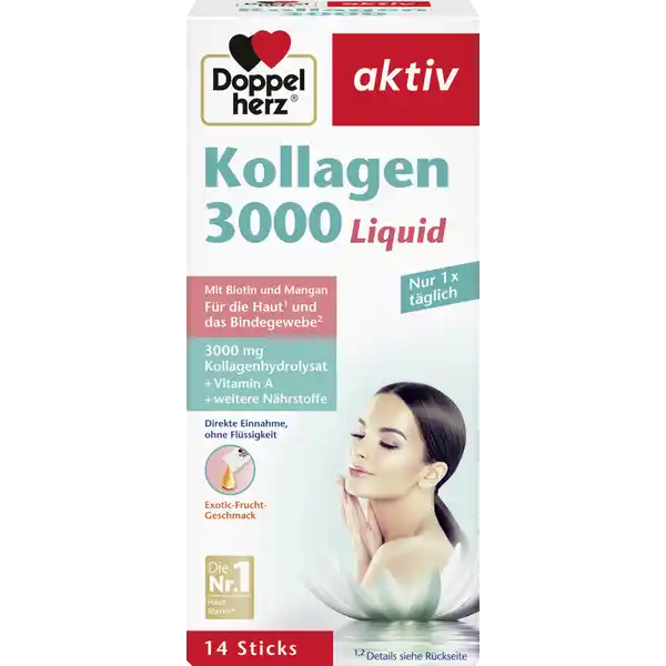 Doppelherz aktiv Kollagen 3000 Liquid: Цвет: https://www.rossmann.de/de/gesundheit-doppelherz-aktiv-kollagen-3000-liquid/p/4009932131161
Produktbeschreibung und details Das Bindegewebe unter der oberen Hautschicht besteht bei jungen Menschen zu  Prozent aus Kollagen Aber mit  Jahren geht die krpereigene Produktion zurck Hinzu kommt dass uere Faktoren wie UVStrahlung der Sonne sowie schlechte Lebensgewohnheiten Nikotin Alkohol FastFood den Kollagenrckgang beschleunigen Schon ab  werden die Folgen des Kollagenabbaus sichtbar Die Hautspannung nimmt langsam ab erste Fltchen zeigen sich Eine regelmige Zufuhr an Vitaminen und Mineralstoffen kann dabei helfen die Gesundheit der Haut zu untersttzen Ein Stick Doppelherz Kollagen  Liquid enthlt  mg Kollagenhydrolysat sowie ausgesuchte Vitamine und Spurenelemente und schmeckt angenehm fruchtig Vitamin A Biotin und Zink untersttzen den Erhalt normaler Haut Kupfer leistet einen Beitrag zum Erhalt des normalen Bindegewebes und zur normalen Hautpigmentierung Mangan untersttzt die normale Bindegewebsbildung Vitamin B Vitamin E und Zink leisten einen Beitrag die Zellen vor oxidativem Stress zu schtzen Niacin spielt fr den Energiestoffwechsel eine Rolle Fruchtiger Geschmack  direkte Einnahme Lebensmittelunternehmer Name Queisser Pharma GmbH ampamp Co KG Adresse Schleswiger Strae   Flensburg wwwdoppelherzde UrsprungslandHerkunftsort Deutschland Testurteile Qualittssiegel ampamp Verbandszeichen Rechtlich vorgeschriebene Produktbezeichnung Nahrungsergnzungsmittel mit Sungsmitteln Liquid mit Kollagenhydrolysat Vitaminen und Spurenelementen Zutaten Wasser Kollagenhydrolysat Suerungsmittel Citronensure Aroma Verdickungsmittel Xanthan Antioxidationsmittel Ascorbinsure Vitamin C Zinkgluconat Konservierungsstoff Kaliumsorbat Konservierungsstoff Natriumbenzoat DLalphaTocopherylacetat Vitamin EForm Nicotinamid Vitamin B Mangangluconat Sungsmittel Acesulfam K Sungsmittel Sucralose Retinylacetat Vitamin AForm Kupfergluconat Riboflavin Vitamin B DBiotin Vitamin B Nhrwerte Durchschnittliche Nhrwertangaben pro  Portion  Beutel NRV Zink  mg   Kupfer  g   Mangan  mg   Vitamin A  g   Vitamin E  mg   Vitamin B Riboflavin  mg   Niacin  mg   Biotin  g   Anwendung und Gebrauch Einmal tglich den Inhalt eines Beutels auf die Zunge geben und schlucken Gebrauch Aufbewahrung und Verwendung Aufbewahrungs und Verwendungsbedingungen Trocken und nicht ber  C lagern Warnhinweise und wichtige Hinweise Warnhinweise Die angegebene empfohlene tgliche Verzehrsmenge darf nicht berschritten werden Nahrungsergnzungsmittel sind kein Ersatz fr eine ausgewogene und abwechslungsreiche Ernhrung und gesunde Lebensweise Fr kleine Kinder unzugnglich aufbewahren Fr Kinder unter  Jahren nicht geeignet