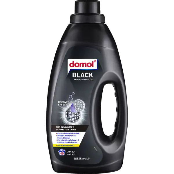 domol Black Feinwaschmittel Flssig  WL: Цвет: https://www.rossmann.de/de/haushalt-domol-black-feinwaschmittel-fluessig-40-wl/p/4305615358451
Produktbeschreibung und details Freuen Sie sich auf eine tiefenwirksameReinigung und modernste Faserpflege frIhre schwarze und dunkle Wsche  mit dem domol Black Feinwaschmittel fr schwarze und dunkle Textilien hochwertiger RecoveryEffect reduziert Kntchen und Fusselbildung krftigt die Faserstruktur und schtzt die Farbintensitt mit spezieller SchwarzfarbpflegeFormel Rezeptur ohne Mikroplastik nach ECHA Definition Kontaktdaten Dirk Rossmann GmbH Isernhgener Strae   Burgwedel wwwdomolrossmannde Kostenloses InfoTelefon  Anwendung und Gebrauch Die Pflegehinweise in den Textilien beachten und die Wsche vorsortieren Nicht farbechte Textilien separat waschen Textilien auf links waschen und trocknen Nicht fr Wolle und Seide geeignet Hartnckige Flecken bei Bedarf vorbehandeln Gem Wasserhrte Verschmutzungsgrad und Beladung der Waschmaschine dosieren siehe Dosiertabelle und die empfohlene Beladungsmenge des Gerteherstellers beachten Waschmittel ber die Einsplkammer dosieren oder mit Dosierkugel direkt in die Trommel geben Nicht direkt auf die Wsche geben Mit mglichst niedriger Temperatur waschen Fr stark verschmutzte Textilien hhere Temperaturen whlen max C Gebrauch Aufbewahrung und Verwendung Aufbewahrungs und Verwendungsbedingungen Produkt aufrecht transportieren und lagern Vor Frost und Hitze schtzen Inhaltsstoffe  nichtionische Tenside  anionische Tenside Seife amplt Phosphonate Enthlt Enzyme Konservierungsmittel Dodecylguanidine Hydrochloride Methylisothiazolinone Benzisothiazolinone Duftstoffe Citronellol Warnhinweise und wichtige Hinweise Warnhinweise ACHTUNG Verursacht schwere Augenreizung Ist rztlicher Rat erforderlich Verpackung oder Kennzeichnungsetikett bereithalten Darf nicht in die Hnde von Kindern gelangen Nach Gebrauch Hnde grndlich waschen AugenschutzGesichtsschutz tragen BEI KONTAKT MIT DEN AUGEN EinigeMinuten lang behutsam mit Wasser splen Eventuell vorhandene Kontaktlinsen nach Mglichkeit entfernen Weiter splen Bei anhaltender Augenreizung rztlichen Rat einholenrztliche Hilfe hinzuziehen Detergenzienblatt Detergenzienblatt Laden Sie das Dokument zum Produkt als PDF herunter