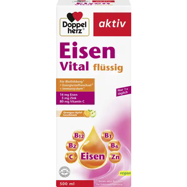 Doppelherz aktiv Eisen Vital: Цвет: https://www.rossmann.de/de/gesundheit-doppelherz-aktiv-eisen-vital/p/4009932003307
Produktbeschreibung und details Zur Untersttzung der normalen Blutbildung der roten Blutkrperchen der normalen Funktion des Immunsystems sowie des Energiestoffwechsels mit Eisen Zink Vitamin C ampamp BVitaminen mit OrangeApfelGeschmack fr Veganer geeignet Lebensmittelunternehmer Name Queisser Pharma Adresse Schleswiger Strae   Flensburg Deutschland wwwdoppelherzde UrsprungslandHerkunftsort Deutschland Rechtlich vorgeschriebene Produktbezeichnung Flssiges Nahrungsergnzungsmittel mit Zucker und Sungsmitteln Mit Eisen Zink Vitamin C und BVitaminen Mit OrangeApfelGeschmack Zutaten Wasser Apfelpulver Zucker Apfelsaftkonzentrat Orangensaftkonzentrat Papayapulver Papayasaftkonzentrat Maltodextrin Eisengluconat Farbstoff Zuckerkulr LAscorbinsure Aroma Zinkgluconat Verdickungsmittel Xanthan Sungsmittel Natriumcyclamat Sungsmittel Acesulfam K Konservierungsstoff Kaliumsorbat Konservierungsstoff Natriumbenzoat Pyridoxinhydrochlorid Sungsmittel Natriumsaccharin Thiaminhydrochlorid Riboflavin Cyanocobalamin Nhrwerte Durchschnittliche Nhrwertangaben pro  Portion  ml NRV Eisen  mg   Zink  mg   Vitamin C  mg   Vitamin B Thiamin  mg   Vitamin B Riboflavin  mg   Vitamin B  mg   Vitamin B  g   Anwendung und Gebrauch Trinken Sie x tglich  ml  Messbecher Vor Gebrauch gut schtteln Gebrauch Aufbewahrung und Verwendung Aufbewahrungs und Verwendungsbedingungen Nicht ber C lagern Nach Anbruch im Khlschrank aufbewahren und innerhalb eines Monats aufbrauchen Warnhinweise und wichtige Hinweise Warnhinweise Fr kleine Kinder unzugnglich aufbewahren Nicht einnehmen bei Eisenspeicherkrankheit und Eisenverwertungsstrungen In seltenen Fllen knnen Verfrbungen der Zhne auftreten die wieder entfernbar sind Die angegebene empfohlene tgliche Verzehrsmenge darf nicht berschritten werden Nahrungsergnzungsmittel sind kein Ersatz fr eine ausgewogene und abwechslungsreiche Ernhrung und eine gesunde Lebensweise