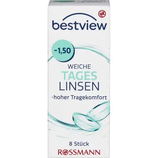 BestView weiche Tageslinsen -1,50: Цвет: https://www.rossmann.de/de/gesundheit-bestview-weiche-tageslinsen--150/p/4719879669534
Produktbeschreibung und details Durch das besonders weiche sauerstoffdurchlssige Material der Tageslinsen wird kaum Eingewhnungszeit bentigt Die Kanten wurden speziell fr hohen Tragekomfort entwickelt Dadurch bleibt die Sehschrfe auch an den Rndern der Linse optimal Tageslinsen sind die gesndeste KontaktlinsenVariante fr die Augen Die Linsen werden tglich ausgetauscht und mssen nicht gereinigt werden Tageslinsen sind ebenfalls ideal wenn man nur ab und zu Kontaktlinsen trgt etwas beim Sport im Urlaub oder am Wochenende hoher Tragekomfort  Stck Kontaktdaten Dirk Rossmann GmbH Isernhgener Strae   Burgwedel wwwrossmannde Gebrauch Aufbewahrung und Verwendung Aufbewahrungs und Verwendungsbedingungen Empfohlen wird die Lagerung bei Raumtemperatur Inhaltsstoffe  sterile weiche getnte Kontaktlinsen  Methafilcon  HO in gepufferter Kochsalzlsung Warnhinweise und wichtige Hinweise Warnhinweise Nicht verwenden bei beschdigter Linsenverpackung Gehen Sie mit Ihren Linsen bitte regelmig zu einer augenrztlichen Kontrolle Folgen Sie den Anweisungen Ihres Kontaktlinsenanpassers Schlafen Sie nicht mit eingesetzter Linse Das Tragen von Kontaktlinsen kann eine Sonnenbrille nicht ersetzen Ihre Augen sind kostbar Bitte beachten Sie die beiligenden Gebrauchsinformationen