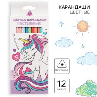 Цветные карандаши пастельные, 12 цветов, трёхгранный корпус "Единорог", Минни и единорог: 