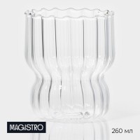 Стакан стеклянный Magistro «Полоска», 260 мл, 7,6?9 см: Цвет: Стильный стеклянный стакан с полосатым дизайном станет прекрасным дополнением для вашего бара или кухни. Изготовлен из качественного стекла, он обладает прочностью и устойчивостью к механическим повреждениям.</p><b>Преимущества товара:</b><ol><li>Универсальность: подходит для подачи различных напитков, от воды до вина и коктейлей.</p></li><li>Легкость ухода: легко моется вручную или в посудомоечной машине без потери блеска и прозрачности.</p></li><li>Экологичность: не содержит вредных веществ, таких как свинец или кадмий, и является безопасным для здоровья.</p></li><li>Долговечность: благодаря своей прочности и устойчивости к царапинам, это стекло может служить вам долгие годы.</p></li></ol>
: Magistro
: Китай
