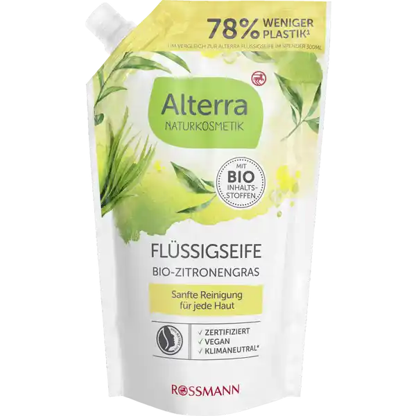 Alterra NATURKOSMETIK Flssigseife BioZitronengras Nachfllbeutel: Цвет: Produktbeschreibung und details Zitrischfrische Reinigung Unsere Alterra Flssigseife mit BioZitronengras und BioGrner Tee Extrakt reinigt sanft Ihre Hnde und verfhrt Ihre Sinne mit einem zitrischfrischem natrlichem Duft Die Formulierung mit milden Waschsubstanzen auf natrlicher Basis bildet einen leichten Schaum und hilft die Haut vor dem Austrocknen zu schtzen sanfte Reinigung fr jede Haut frei von synthetischen Farb und Duftstoffen ohne Silikone und Minerallprodukte Hautvertrglichkeit dermatologisch besttigt vegan Weiterfhrende Informationen zum Thema Klimaneutralitt finden Sie unter rossmanndeklimaneutral und unter climatepartnercom Kontaktdaten Dirk Rossmann GmbH Isernhgener Strae   Burgwedel UrsprungslandHerkunftsort Deutschland Testurteile Qualittssiegel ampamp Verbandszeichen Inhaltsstoffe Aqua Glycerin CocoGlucoside Sodium CocoSulfate Layuryl Glucoside Sucrose Glyceryl Oleate Sodium Chloride Parfum Cymbopogon Citratus Extract Camellia Sinensis Leaf Extract Tocopherol Hydrogenated Vegetable Glycerides Citrate Citric Acid Sodium Benzoate Citral Limonene aus kontrolliert biologischem Anbau aus natrlichen therischen len
https://www.rossmann.de/de/pflege-und-duft-alterra-naturkosmetik-fluessigseife-bio-zitronengras-nachfuellbeutel/p/4305615940335