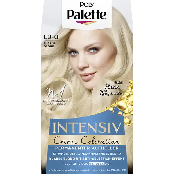 Poly Palette Intensiv Creme Coloration L9-0 Platin Blond: Цвет: Produktbeschreibung und details Der reichhaltige Aufheller mit l lsst die Aufhellwirkstoffe tief in das Haarinnere eindringen Fr ein strahlendes und langanhaltendes Blond mit bis zu  Stufen Aufhellung strahlendes langanhlatendes Blond klares Blond mit AntiGelbstichEffekt hellt um bis zu  Stufen auf mit PlatinPflegemaske Kontaktdaten Schwarzkopf ampamp Henkel a division of Henkel AG ampamp Co KGaA D Dsseldorf     Anwendung und Gebrauch Fllen Sie den Inhalt des BlondBooster Ultra Plus Sachets sowie die AufhellCreme in die Anwendungsflasche mit der Entwicklerlotion und schtteln sie diese krftig Verteilen Sie die Mischung mit der Anwendungsflasche auf dem trockenen Haar und lassen Sie diese  Minuten einwirken Splen Sie die Mischung gut mit lauwarmen Wasser aus bis das Wasser klar ist Wenden Sie anschlieend die beiliegende reichhaltige Platin Pflegemaske an Inhaltsstoffe Entwickler Aqua Water EauHydrogen PeroxideIsopropyl MyristateCetearyl AlcoholPEG Castor OilCetearethSodium Cetearyl SulfateCera Alba Beeswax Cire dAbeilleEtidronic AcidPotassium HydroxideDicarboxypyridineDisodium PyrophosphateSodium Sulfate AufhellCreme Aqua Water EauSodium Laureth SulfateCetearyl AlcoholAmmonium HydroxideCoconut AlcoholBisCetearyl AmodimethiconeAmmonium SulfateParfum FragranceCetearethSodium SilicateEtidronic AcidLinaloolCitronellolBenzyl Alcohol CI  Ultramarines Blond Booster Ultra PlusPotassium PersulfateSodium SilicateSodium PersulfateAmmonium PersulfateAqua Water EauSilicaDisodium EDTAPotassium SulfateAmmonium SulfateSodium Sulfate Platin Pflegemaske Aqua Water EauPEGCoconut AlcoholCetearyl AlcoholCocamidopropyl BetaineSodium Laureth SulfateButylene GlycolLaurethCarbomerPhenoxyethanolEthanolamineMethylparabenPolyquaterniumParfum FragranceCetearethSodium ChloridePrunus Armeniaca Apricot Kernel OilNiacinamidePanthenolAcid Violet LinaloolHC Blue No Benzyl SalicylateLimoneneBenzyl AlcoholHexyl Cinnamal Warnhinweise und wichtige Hinweise Warnhinweise Das Produkt kann eine schwere allergische Reaktion hervorrufen Bitte folgende Hinweise lesen und beachten Hellen Sie Ihr Haar nicht auf  wenn Sie einen Ausschlag im Gesicht haben oder wenn ihre Kopfhaut empfindlich gereizt oder verletzt ist  wenn Sie schon einmal nach dem Frben Ihrer Haare eine Reaktion festgestellt haben Enthlt Wasserstoffperoxid und Persulfate Nicht einatmen oder einnehmen Vollstndige Inhaltsstoffdeklaration siehe Packungsboden Kontakt mit den Augen vermeiden Sofort Augen aussplen falls das Erzeugnis mit den Augen in Berhrung gekommen ist Geeignete Handschuhe tragen Nur uerlich anwenden Nach Anwendung die Haare gut splen Nicht zur Frbung von Wimpern und Augenbrauen verwenden Darf nicht in die Hnde von Kindern gelangen
https://www.rossmann.de/de/pflege-und-duft-poly-palette-intensiv-creme-coloration-l9-0-platin-blond/p/4015100431148