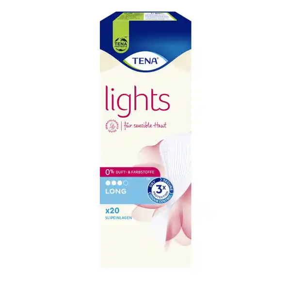 TENA lights Slipeinlagen long: Цвет: Produktbeschreibung und details Tena lights bietet DREIFACHSCHUTZ vor Auslaufen Feuchtigkeit und Gerchen fr sensible Haut  dermatologisch getestet  Duft und Farbstoffe  mm dnn atmungsaktiv Kontaktdaten Essity Germany GmbH Sandhofer Strasse   Mannheim Testurteile Qualittssiegel ampamp Verbandszeichen
https://www.rossmann.de/de/pflege-und-duft-tena-lights-slipeinlagen-long/p/7322541343686