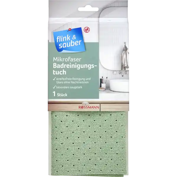 flink & sauber Mikrofaser Badreinigungstuch: Цвет: https://www.rossmann.de/de/haushalt-flink-und-sauber-mikrofaser-badreinigungstuch/p/4305615681535
Produktbeschreibung und details Das flink ampamp sauber Mikrofaser Badreinigungstuch reinigt alle glatten Oberflchen wie Fliesen Chrom und Keramik Durch die strukturierte Oberflche reinigt es mhelos hartnckige Flecken Kalk und Seifenreste streifenfreie Reinigung und Glanz ohne Nachtrocknen besonders saugstark Schnittgre    cm Materialzusammensetzung Textil   Polyester  Polyamid Beschichtung   Polyurethan maschinenwaschbar bei  C Kontaktdaten Dirk Rossmann GmbH Isernhgener Strae   Burgwedel wwwrossmannde UrsprungslandHerkunftsort EU Gebrauch Aufbewahrung und Verwendung Aufbewahrungs und Verwendungsbedingungen Bitte nicht in den Trockner geben und keinen Weichspler verwenden Bitte separat waschen Nicht geeignet fr Acrylglas und hochglnzende Flchen Vor der Reinigung empfindlicher Stellen zuvor an unaufflliger Stelle testen