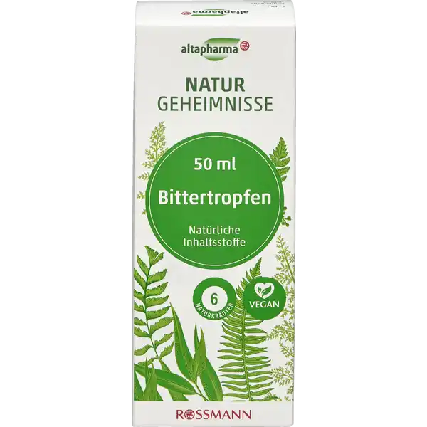 altapharma Naturgeheimnisse Bittertropfen: Цвет: https://www.rossmann.de/de/gesundheit-altapharma-naturgeheimnisse-bittertropfen/p/4068134005533
Produktbeschreibung und details Unsere Bittertropfen sind ein Kruterelixier sorgfltig komponiert aus herbwrzigen Pflanzen Unser MagenDarmTrakt reagiert auf unsere Lebensgewohnheiten wie zB Belastungen sowie unregelmige oder schwer verdauliche Mahlzeiten Auerdem spielt er eine Rolle fr das allgemeine Wohlbefinden Der Einfluss der Bitterstoffe auf unsere Gesundheit ist schon lange bekannt Die Naturkraft der Bitterstoffe kann unser Wohlbefinden auf natrliche Art und Weise beeinflussen und sollte genutzt werden natrliche Inhaltsstoffe  Naturkruter ohne Zuckerzusatz vegan gluten und lactosefrei Lebensmittelunternehmer Name Dirk Rossmann GmbH Adresse Isernhgener Strae   Burgwedel wwwrossmannde   Testurteile Qualittssiegel ampamp Verbandszeichen Rechtlich vorgeschriebene Produktbezeichnung Nahrungsergnzungsmittel mit Pflanzenextrakten Alk  vol Zutaten Alkohol Wasser Pfefferminzbltter Kmmelfrchte Dillfrchte Fenchel Ingwerwurzel Wermutkraut Anwendung und Gebrauch Vor oder nach dem Essen zwei Mal tglich  ml auf der Zunge zergehen lassen  Pipette entspricht  ml Gebrauch Aufbewahrung und Verwendung Aufbewahrungs und Verwendungsbedingungen Auerhalb der Reichweite von kleinen Kindern lagern Khl trocken und vor Licht geschtzt lagern Warnhinweise und wichtige Hinweise Warnhinweise Die angegebene empfohlene tgliche Verzehrmenge darf nicht berschritten werden Nahrungsergnzungsmittel stellen keinen Ersatz fr eine abwechslungsreiche und ausgewogene Ernhrung sowie eine gesunde Lebensweise dar Nur fr den Verzehr durch Erwachsende geeignet Mnner postmenopausale Frauen und Schwangere sollten dieses Prparat nur nach Rcksprache mit dem Arzt einnehmen Nicht fr schwangere und stillende Frauen geeignet