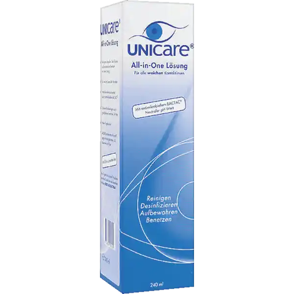 Unicare AllinOne Lsung: Цвет: https://www.rossmann.de/de/gesundheit-unicare-all-in-one-loesung/p/8714367001229
Produktbeschreibung und details AllinOne Lsung ist eine ausba lancierte sterile Kontaktlinsenflssigkeit fr die tgliche Pflege aller weichen Kontakt linsen Beseitigt Verunreinigungen auf der Linsenoberflche und desinfiziert zuverlssig Fr alle weichen Kontaktlinsen Inkl Linsenbehlter Reinigen desinfizieren aufbewahren benetzen Gebrauch Aufbewahrung und Verwendung Aufbewahrungs und Verwendungsbedingungen Aufbewahrungstemperatur  C bis  C Inhaltsstoffe Poloxamer  NaCl Konservierungsmittel PHMB  Warnhinweise und wichtige Hinweise Warnhinweise Nicht verwenden wenn der Originalitts verschluss beschdigt ist Nach ffnen der Flasche den Inhalt innerhalb von  Tagen aufbrauchen Flasche nach der Verwendung schliessen Nach jeder Desinfektion die Lsung im Linsenbehlter erneuern Bei Augenreizungen die Anwendung abbrechen und Arzt oder Kontaktlinsen spezialisten aufsuchen Nicht verwenden bei allergischer Reaktion auf einen der Inhaltsstoffe Ausschliesslich fr weiche Linsen verwenden Fr Kinder unzugnglich aufbewahren