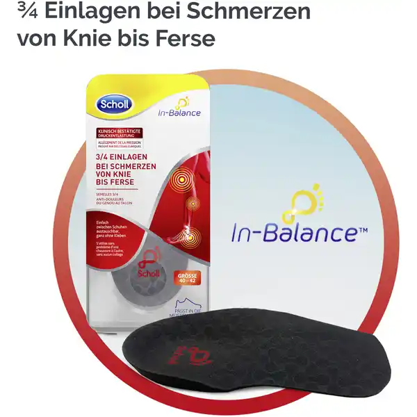 Scholl InBalance  Einlagen bei Schmerzen von Knie bis Ferse Gre: Цвет: Produktbeschreibung und details Unsere Fe knnen der Ausgangspunkt fr Alltagsbeschwerden sein die im Bereich vom Knie bis zur Ferse auftreten Die Scholl InBalance Einlagen wurden gemeinsam mit einem Team von Biomechanikexperten entwickelt und wirken dreifach um zu helfen Schmerzen von Knie bis Ferse zu lindern Dank der Motion Control StructureR haben die Einlagen die richtige Form und Materialkombination fr eine zustzliche Untersttzung der Fe Klinisch besttigte Druckentlastung Kontaktdaten Scholls Wellness Company GmbH Schwalbacher Str   Wiesbaden wwwschollcom UrsprungslandHerkunftsort Made in Vietnam Anwendung und Gebrauch Achten Sie darauf dass die Einlage gut in den Schuh passt und mit dem Fersenbereich hinten im Schuh anliegt Eine im Schuh vorhandene Einlegesohle muss nicht entfernt werden Warnhinweise und wichtige Hinweise Warnhinweise Wenn Sie an Diabetes oder schlechter Durchblutung leiden lassen Sie sich bitte von einem Arzt oder Podologen beraten bevor Sie dieses Produkt verwenden Es kann sein dass sich die Fe erst an die Einlage gewhnen mssen Gewhnen Sie sich gegebenenfalls schrittweise an die Scholl InBalance Einlagen indem Sie sie jeden Tag etwas lnger und schlielich den ganzen Tag tragen Wenn die Schmerzen anhalten verwenden Sie das Produkt nicht weiter und lassen Sie sich von einem Arzt beraten
https://www.rossmann.de/de/gesundheit-scholl-in-balance-34-einlagen-bei-schmerzen-von-knie-bis-ferse-groesse-37---395/p/4002448134329