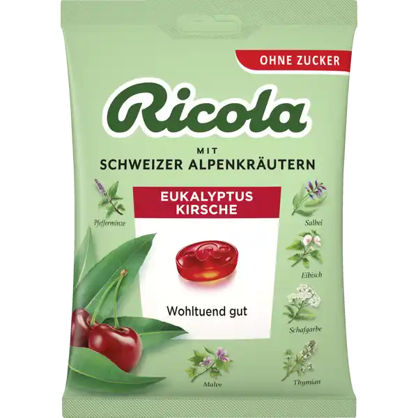 Ricola Eukalyptus-Kirsche Bonbon: Цвет: Produktbeschreibung und details Im zuckerfreien EukalyptusKirsche Bonbon kombiniert Ricola wertvolles mildaromatisches Eukalyptusl und fruchtigse Schweizer Kirsche mit den bewhrten und wohltuenden  Schweizer Alpenkrutern zu einem wohltuenden und erfrischendem Geschmackserlebnis Wie bei allen Produkten von Ricola werden die Kruter nach naturgemen Grundstzen ohne den Einsatz von chemischen Pflanzenschutzmitteln im Schweizer Berggebiet angebaut Ricola EukalyptusKirsche  Wohltuend gut Wir wnschen Dir viele kleine erfrischende Wohlfhlmomente Jedes Ricola Kruterbonbon ist ein einfacher ehrlicher Wunsch von uns an Dich Wir wnschen Dir quotAlles Gutequot Probiers weils schmeckt Aromatisch  Natrliche  Schweizer Alpenkruter wertvolles mildaromatisches Eukalyptusl und fruchtigse Schweizer Kirsche Wohltuend gut Lecker  Durch die fein aufeinander abgestimmten Zutaten punkten die Bonbons in Geschmack und Qualitt Zuckerfrei  schont die Zhne natrlich gest mit Steviolglycosiden aus der SteviaPflanze Praktisch  Die gewickelten Bonbons im Beutel sind ideal fr wohltuende und vitalisierende Momente zu Hause Unterwegs und zum Teilen Premiumqualitt  Grundlage aller Unternehmensentscheidungen ist Ricolas kompromissloser Qualittsanspruch Natrlich nachhaltig  Seit jeher gehren nachhaltiges Denken und Handeln zu Ricola und bilden bereits seit Jahrzehnten eine wichtige Entscheidungsgrundlage fr die Unternehmensfhrung Hinweise Knnen bei bermigem Verzehr abfhrend wirken Vor Wrme und Feuchtigkeit geschtzt aufbewahren Lactosefrei Glutenfrei Vegan Lebensmittelunternehmer Name Ricola AG Adresse Baselstrasse   Laufen Schweiz Rechtlich vorgeschriebene Produktbezeichnung Schweizer Kruterbonbon ohne Zucker mit Sungsmitteln Zutaten Sungsmittel Isomalt Kruterauszge aus Eukalyptus Pfefferminze sowie Holunderblten Spitzwegerich Eibisch Pfefferminze Thymian Salbei Frauenmantel Schafgarbe Bibernelle Malve Schlsselblume Ehrenpreis und Andorn Suerungsmittel pfelsure Kirschsaftkonzentrat natrliche Aromen Eukalyptusl Konzentrate Karotte Hibiskus Sungsmittel Steviolglycoside aus Stevia Menthol Nhrwerte Durchschnittliche Nhrwertangaben pro  g Energie  kj   kcal Fett  g davon  gesttigte Fettsuren  g Kohlenhydrate  g davon  Zucker  g  mehrwertige Alkohole  g Eiwei  g Salz  g Gebrauch Aufbewahrung und Verwendung Aufbewahrungs und Verwendungsbedingungen Vor Wrme und Feuchtigkeit geschtzt aufbewahren Warnhinweise und wichtige Hinweise Warnhinweise Kann bei bermigem Verzehr abfhrend wirken
https://www.rossmann.de/de/gesundheit-ricola-eukalyptus-kirsche-bonbon/p/7610700010259