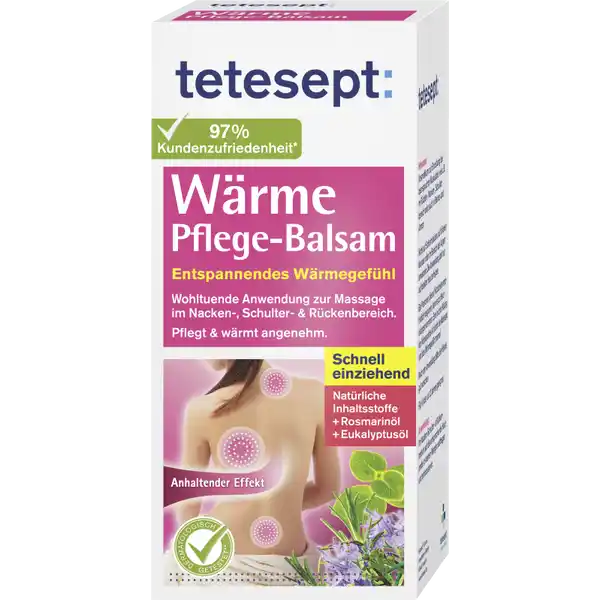 tetesept Wrme PflegeBalsam: Цвет: Produktbeschreibung und details tetesept Wrme PflegeBalsam ist ein wrmender Pflegebalsam zur uerlichen Anwendung fr wohltuend wrmende HautPflege fr ein Gefhl der Entspannung Natrliche therische le aus Rosmarin und Eukalyptus sowie Orange und Zitrone entfalten beim Einreiben ihren wohltuenden DuftEffekt Die Rezeptur mit wrmenden Inhaltsstoffen sorgt fr ein schnelles und angenehmes Gefhl von Wrme auf der Haut durch Einmassieren des Pflegebalsams und danach wohltuende Anwendung zur Massage im Nacken Schulter ampamp Rckenbereich pflegt ampamp wrmt angenehm schnell einziehend mit natrlichen Inhaltsstoffen Hautvertrglichkeit dermatologisch besttigt Kontaktdaten tetesept pharma gmbh D Frankfurt wwwteteseptde Anwendung und Gebrauch Im NackenSchulter und Rckenbereich auf die entsprechende Hautpartie in kleinen Mengen auftragen und einmassieren Inhaltsstoffe Aqua Cetearyl Alcohol Glycerin Cetearyl Isononanoate Dicaprylyl Ether Dicaprylyl Carbonate Parfum Octyldodecanol Limonene Eucalyptus globulus Leaf Oil Citrus aurantium dulcis Peel Oil Sucrose Stearate Vanillyl Butyl Ether Methyl Nicotinate Rosmarinus officinalis Leaf Oil Citrus limon Peel Oil Avena Sativa Kernel Flour Sodium Caseinate Cetearyl Glucoside AcrylatesC Alkyl Acrylate Crosspolymer Xanthan Gum Polyquaternium Caprylyl Glycol Glucose Tocopherol Glycine Soja Oil Sodium Hydroxide Phenoxyethanol Sodium Benzoate Disodium Edta Citral Citronellol Coumarin Eugenol Geraniol Linalool Warnhinweise und wichtige Hinweise Warnhinweise Kosmetikum zur Einreibung bei beanspruchter Muskulatur wie zB im Rcken Nacken Schulterbereich oder auch in Beinen und Armen Nicht auf Schleimhuten auf offenen Wunden oder im Bereich der Augen anwenden Die Anwendung darf nur auf intakter Haut erfolgen Bei Personen die auf Nicotinate empfindlich reagieren kann es zu Hautrtungen kommen Eine leichte Rtung der Krperpartie ist durch die Massage und das Wrmegefhl normal Nach der Anwendung bitte die Hnde gut waschen Fr Kinder ab  Jahren geeignet
https://www.rossmann.de/de/gesundheit-tetesept-waerme-pflege-balsam/p/4008491133845