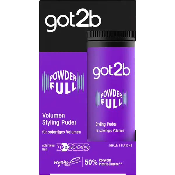 Schwarzkopf got2b Powder Full Volumen Styling Puder: Цвет: Produktbeschreibung und details GOTB Powder Full Volumen Styling Puder  fr sofortiges Volumen Turn up your Hair Volume GOTB Powder Full verleiht deinem Haar sofortiges Volumen direkt am Ansatz Die leichte Formel texturiert jede einzelne Haarstrhne fr einen volleren Look mit natrlich aussehendem Halt Die Formel ist vegan Die PlastikFlasche ist aus  recyceltem Plastik frei von Inhaltsstoffen tierischen Ursprungs exkl Etikett und Deckel Kontaktdaten Schwarzkopf ampamp Henkel a division of Henkel AG ampamp Co KGaA D Dsseldorf Anwendung und Gebrauch Eine kleine Menge Puder in deine Handflchen streuen und gut verreiben bis es unsichtbar wird Dann im trockenen Haar vom Ansatz bis in die Spitzen verteilen Fr sofortiges Volumen Gebrauch Aufbewahrung und Verwendung Aufbewahrungs und Verwendungsbedingungen Auer Reichweite von Kindern aufbewahren Inhaltsstoffe Aqua Water Eau Silica Silylate Sodium Benzoate Citric Acid Warnhinweise und wichtige Hinweise Warnhinweise Kontakt mit den Augen vermeiden Nicht einatmen
https://www.rossmann.de/de/pflege-und-duft-schwarzkopf-got2b-powder-full-volumen-styling-puder/p/4015100800180