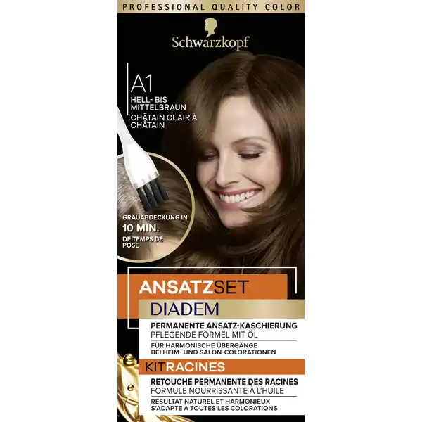 Schwarzkopf Diadem Ansatzset A1 Hell- bis Mittelbraun: Цвет: Produktbeschreibung und details Verwenden Sie das DIADEM Ansatzset fr eine permanente AnsatzKaschierung fr harmonische bergnge  bei allen Heim und SalonColorationen Fr eine permanente AnsatzKaschierung in nur  Minuten Entdecken Sie den einfachen Weg um Ihre Anstze zwischen zwei Colorationen loszuwerden Extra pflegende Formel Die nhrende Formel mit l umhllt jedes Haar fr eine optimale Aufnahme der Farbpigmente und eine zustzliche Pflege der Haare Das bewhrte ColorMatchSystem des DIADEM Ansatzsets sorgt fr eine harmonische Kaschierung der bergnge  unabhngig von der Coloration die Sie vorher verwendet haben Die pflegende Formel mit l umhllt jedes Haar vollstndig und sorgt dank des hochprzisen AnsatzPinsels fr eine Grauabdeckung in  Minuten permanente AnsatzKaschierung pflegende Formel mit l fr harmonische bergnge bei Heim und SalonColoration Grauabdeckung in  Minuten Kontaktdaten Schwarzkopf ampamp Henkel a division of Henkel AG ampamp Co KGaA D Dsseldorf wwwschwarzkopfde Anwendung und Gebrauch  Geben Sie die ColorCreme und die Entwickleremulsion in die Anmischschale  Mischen Sie grndlich bis eine gleichmige Creme entsteht  Die Mischung nun gleichmig auf trockenem Haar und an dem sichtbaren Ansatz am Scheitel sowie an den Gesichtskonturen auftragen  Nach Ablauf der Einwirkzeit grndlich aussplen Die Entwicklerflasche bitte grndlich leeren Gebrauch Aufbewahrung und Verwendung Aufbewahrungs und Verwendungsbedingungen Darf nicht in die Hnde von Kindern gelangen Inhaltsstoffe ColorCreme Aqua Water Eau Cetearyl Alcohol Paraffinum Liquidum Mineral Oil Huile Minrale Ammonium Hydroxide Sodium Laureth Carboxylate Coconut Alcohol Sodium Myreth Sulfate TolueneDiamine Sulfate Ceteareth Acrylamidopropyltrimonium ChlorideAcrylates Copolymer CocoGlucoside Potassium Hydroxide Glyceryl Oleate Ceteareth Ceteareth Sodium Sulfite Resorcinol Parfum Fragrance Ammonium Sulfate Sodium Silicate Etidronic Acid mAminophenol Ascorbic Acid Chlororesorcinol Sodium Chloride Citric Acid Phenoxyethanol Naphthalenediol AlphaIsomethyl Ionone Methylresorcinol AminoHydroxyethylaminoanisole Sulfate Benzyl Alcohol Methylparaben Ethylparaben Entwickleremulsion Aqua Water Eau Hydrogen Peroxide Cetearyl Alcohol Paraffinum Liquidum Mineral Oil Huile Minrale Ceteareth Propylene Glycol Etidronic Acid Dicarboxypyridine Disodium Pyrophosphate Potassium Hydroxide Sodium Benzoate Warnhinweise und wichtige Hinweise Warnhinweise Haarfrbemittel knnen schwere allergische Reaktionen hervorrufen Bitte folgende Hinweise lesen und beachten Dieses Produkt ist nicht fr Personen unter  Jahren bestimmt Temporre Ttowierungen mit schwarzem Henna knnen das Allergierisiko erhhen Frben Sie Ihr Haar nicht  wenn Sie einen Ausschlag im Gesicht haben oder wenn Ihre Kopfhaut empfindlich gereizt oder verletzt ist  wenn Sie schon einmal nach dem Frben Ihrer Haare eine Reaktion festgestellt haben  wenn eine temporre Ttowierung mit schwarzem Henna bei Ihnen schon einmal eine Reaktion verursacht hat Enthlt Wasserstoffperoxid Phenylendiamine Toluylendiamine Resorcin und Ammoniak Kontakt mit den Augen vermeiden Sofort Augen splen falls das Erzeugnis mit den Augen in Berhrung gekommen ist Nicht zur Frbung von Wimpern und Augenbrauen verwenden Nach der Anwendung die Haare gut splen Geeignete Handschuhe tragen Fhren Sie einen Allergieverdachtstest  Stunden vor jeder Anwendung einer Haarcoloration durch auch wenn Sie schon frher Haarcolorationen angewendet haben Daher denken Sie bitte daran das Produkt  Stunden vor der Anwendung zu kaufen Falls hierbei eine Hautunvertrglichkeit auftritt oder Zweifel bestehen fragen Sie bitte einen Hautarzt bevor Sie eine Haarcoloration anwenden
https://www.rossmann.de/de/pflege-und-duft-schwarzkopf-diadem-ansatzset-a1-hell--bis-mittelbraun/p/4015100707595