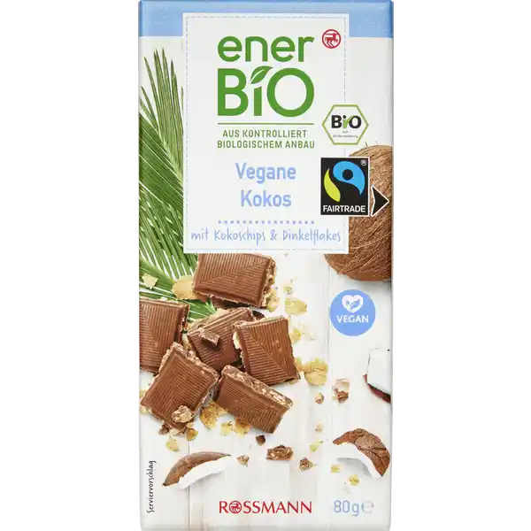 enerBiO Vegane Kokos mit Kokoschips & Dinkelflakes: Цвет: Produktbeschreibung und details Eine echte Kokoskstlichkeit  Schmeckt am besten frisch gekuhlt  und allen Veganern die nicht immer nur Zartbitterschokolade naschen mchten Unsere exotischsue BioLeckerei mit leckerem Kakao Kokoschips und Dinkelflakes Alle Produkte unserer ROSSMANNMarke enerBiO stammen aus kontrolliert biologischem Anbau Durch eine schonende sorgfltige Verarbeitung erhalten wir hierbei sowohl die Hochwertigkeit als auch den natrlichen Geschmack Zudem lassen wir unsere Produkte regelmig durch unabhngige Institute berprfen  so gewhrleisten wir eine gleichbleibende Qualitt vegan Lebensmittelunternehmer Name Dirk Rossmann GmbH Adresse Isernhgener Str   Burgwedel wwwrossmannde Bio Zertifikat DEKO UrsprungslandHerkunftsort EUNichtEULandwirtschaft Testurteile Qualittssiegel ampamp Verbandszeichen Rechtlich vorgeschriebene Produktbezeichnung Bio Schokoladenkuverture mit Kokoschips und Dinkelflakes Zutaten Rohrohrzucker Kakaobutter Kakaomasse Reisdrinkpulver Reissirup getrocknet  Kokoschips gehackt  DINKELFLAKES  HASELNUSSMARK  aus kontrolliert biologischem Anbau Kakao  mindestens im Schokoladenanteil Kann Spuren von anderen SCHALENFRCHTEN und MILCH enthalten Nhrwerte Durchschnittliche Nhrwertangaben pro  g Energie  kj   kcal Fett  g davon  gesttigte Fettsuren  g Kohlenhydrate  g davon  Zucker  g Ballaststoffe  g Eiwei  g Salz amplt  g Gebrauch Aufbewahrung und Verwendung Aufbewahrungs und Verwendungsbedingungen Trocken lagern und vor Wrme schtzen
https://www.rossmann.de/de/lebensmittel-enerbio-vegane-kokos-mit-kokoschips-und-dinkelflakes/p/4305615937779